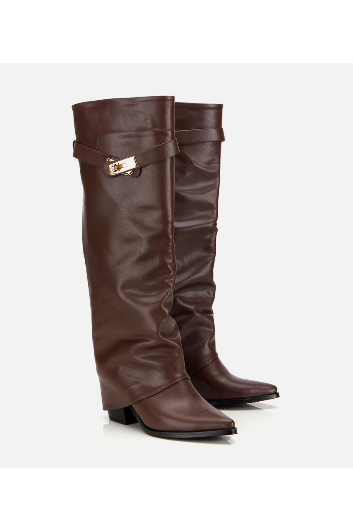 Kadın Kahverengi Tokalı Diz Altı Kalın Topuklu Çizme - Görsel 3