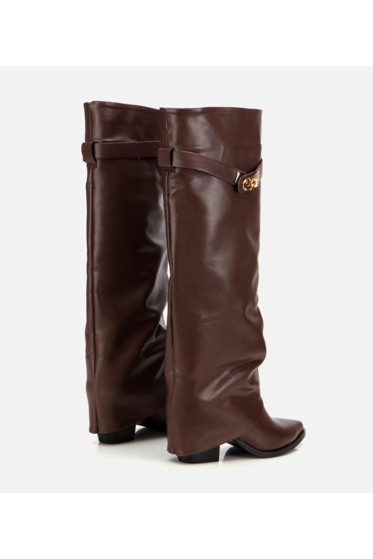 Kadın Kahverengi Tokalı Diz Altı Kalın Topuklu Çizme - Görsel 4