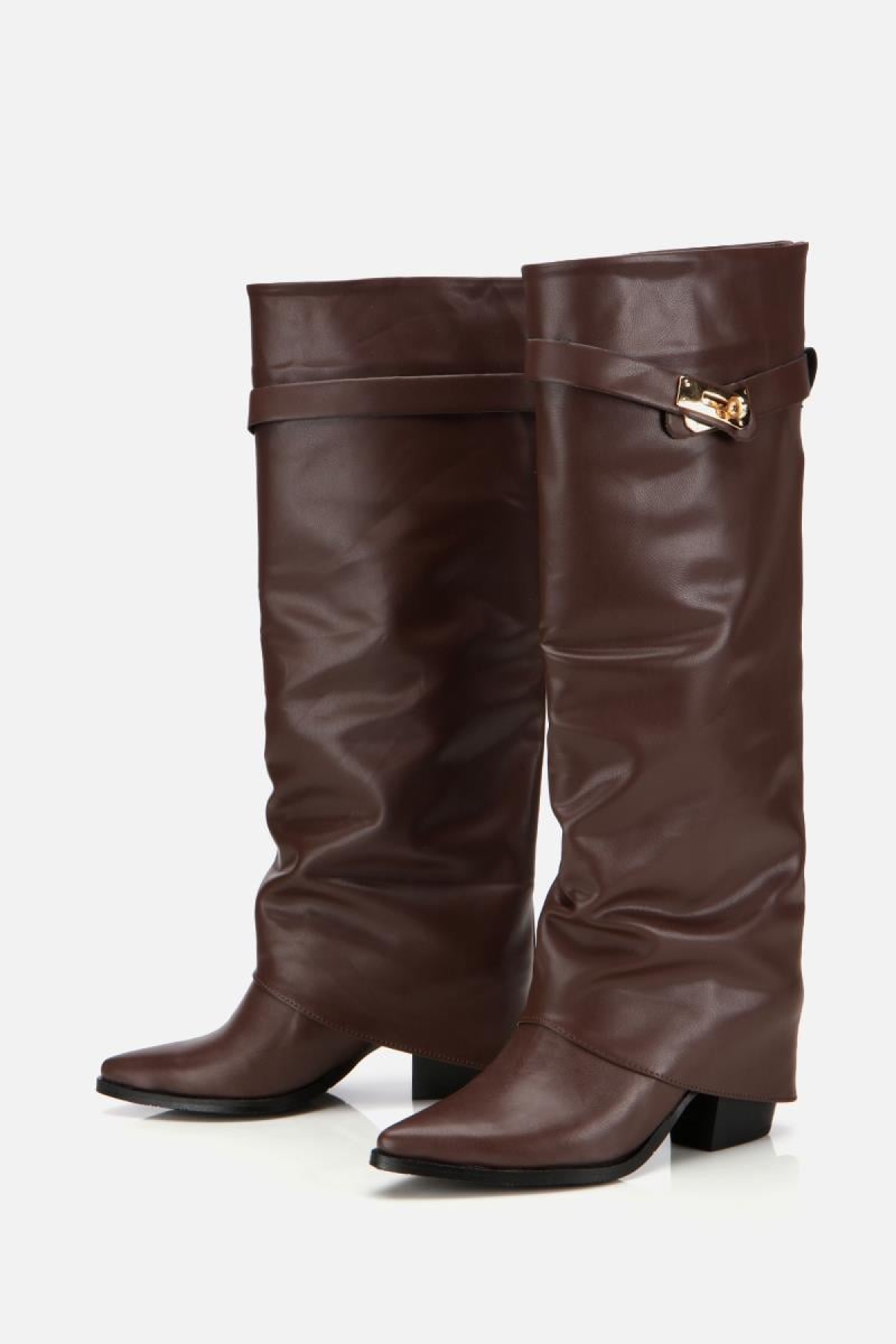 Kadın Kahverengi Tokalı Diz Altı Kalın Topuklu Çizme - Görsel 5