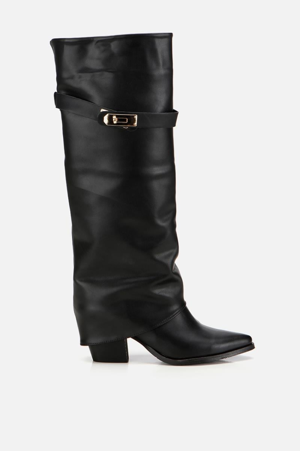 Kadın Siyah Tokalı Diz Altı Kalın Topuklu Çizme - Görsel 2
