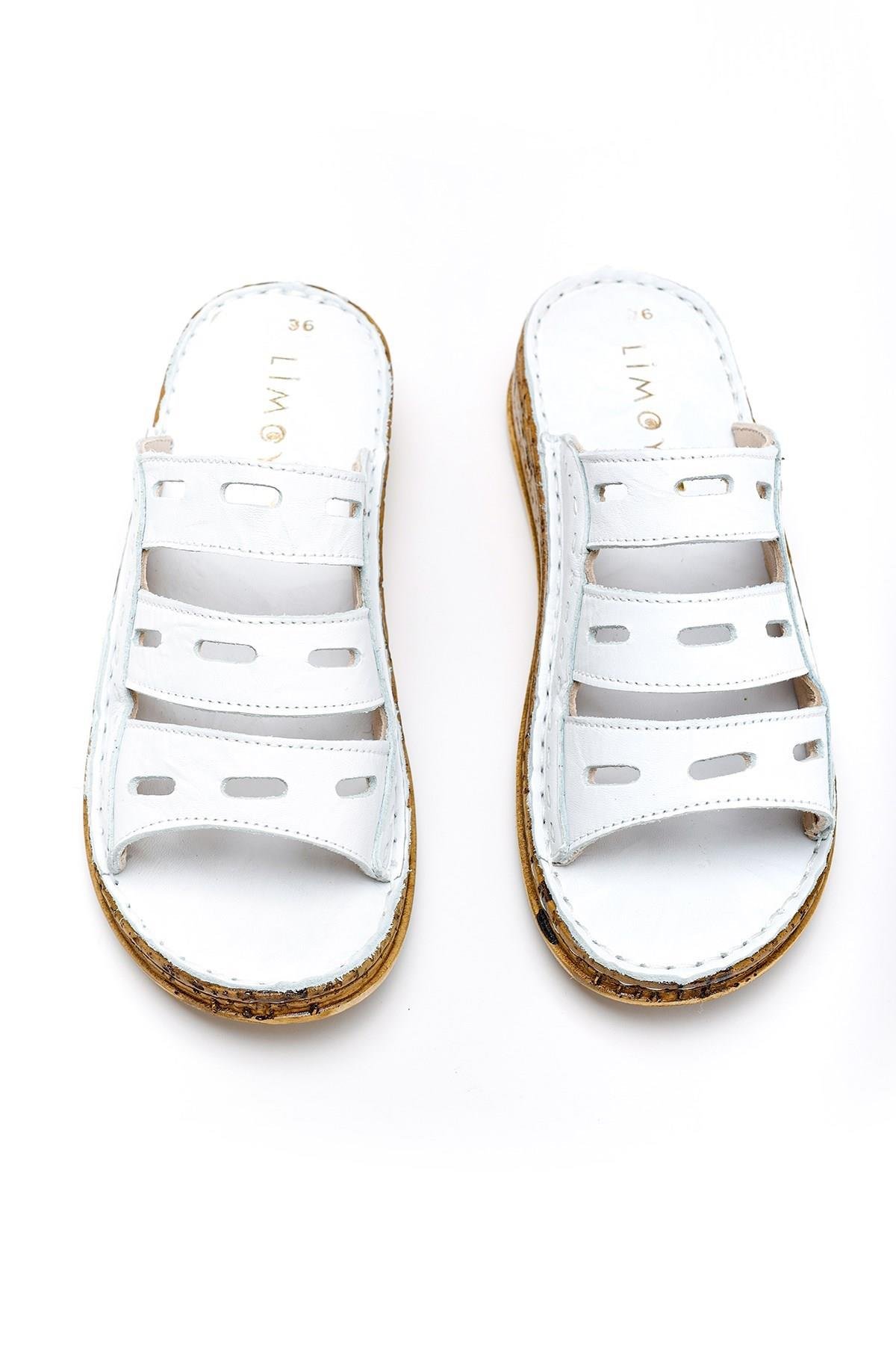 Hakiki Deri Beyaz Comfort Lazer Kesim Kadın Terlik - Görsel 3