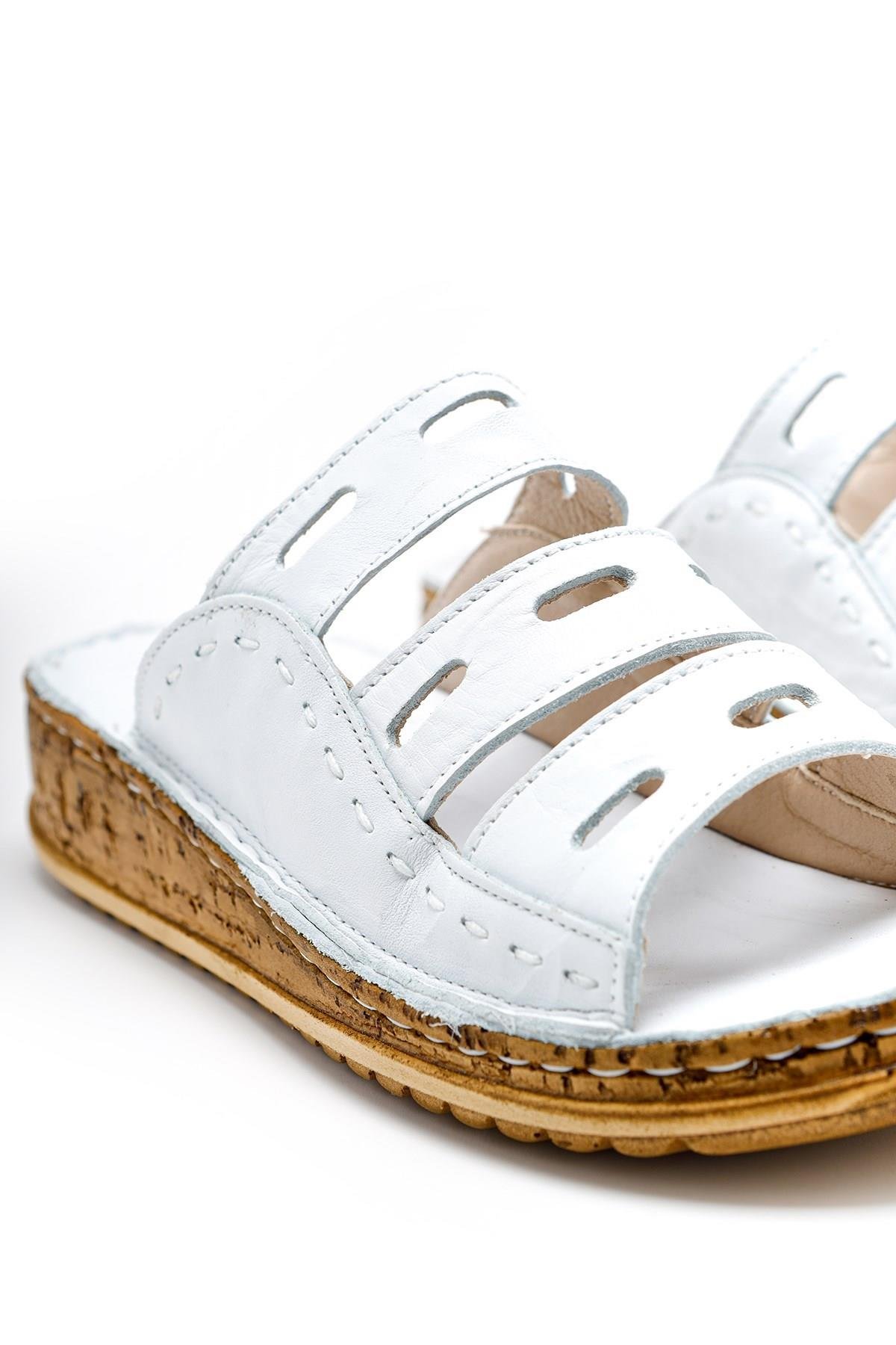 Hakiki Deri Beyaz Comfort Lazer Kesim Kadın Terlik - Görsel 4