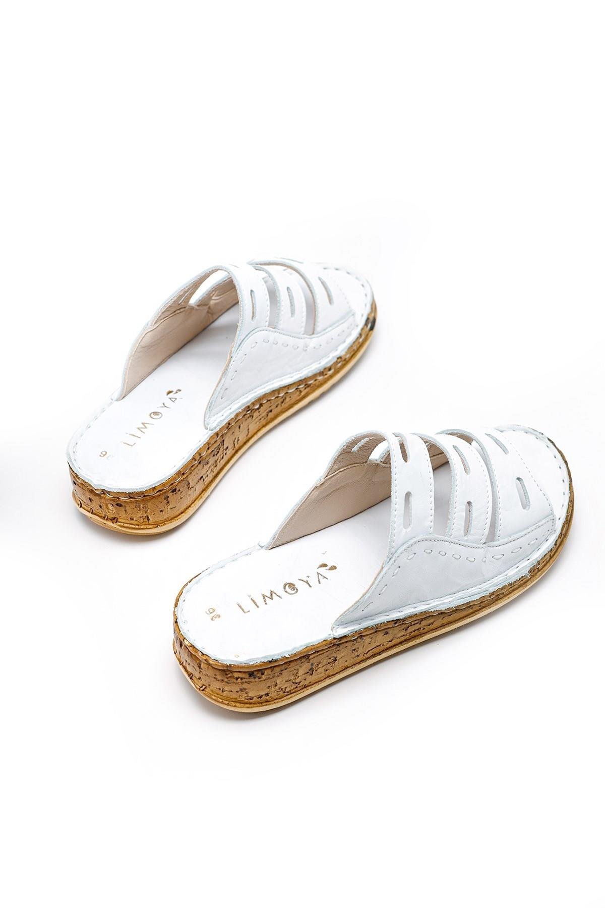 Hakiki Deri Beyaz Comfort Lazer Kesim Kadın Terlik - Görsel 5