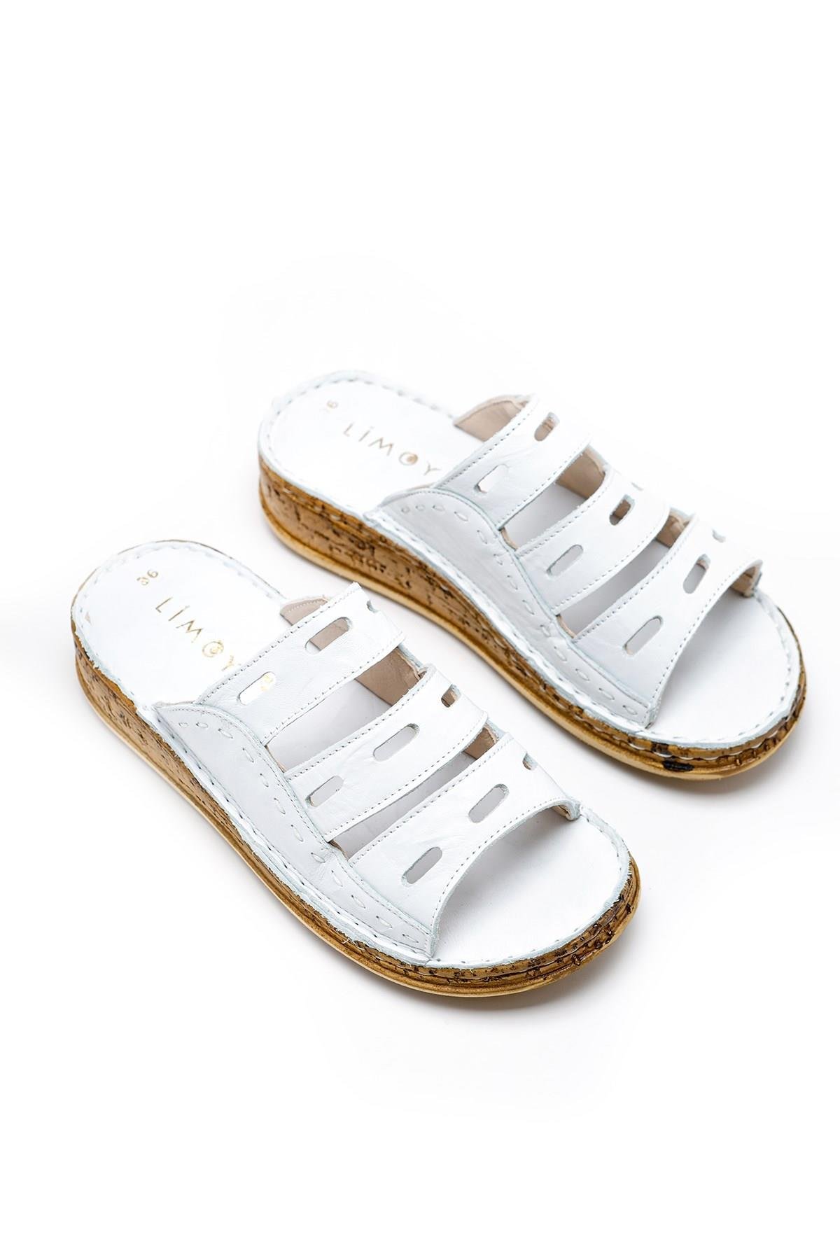 Hakiki Deri Beyaz Comfort Lazer Kesim Kadın Terlik - Görsel 6