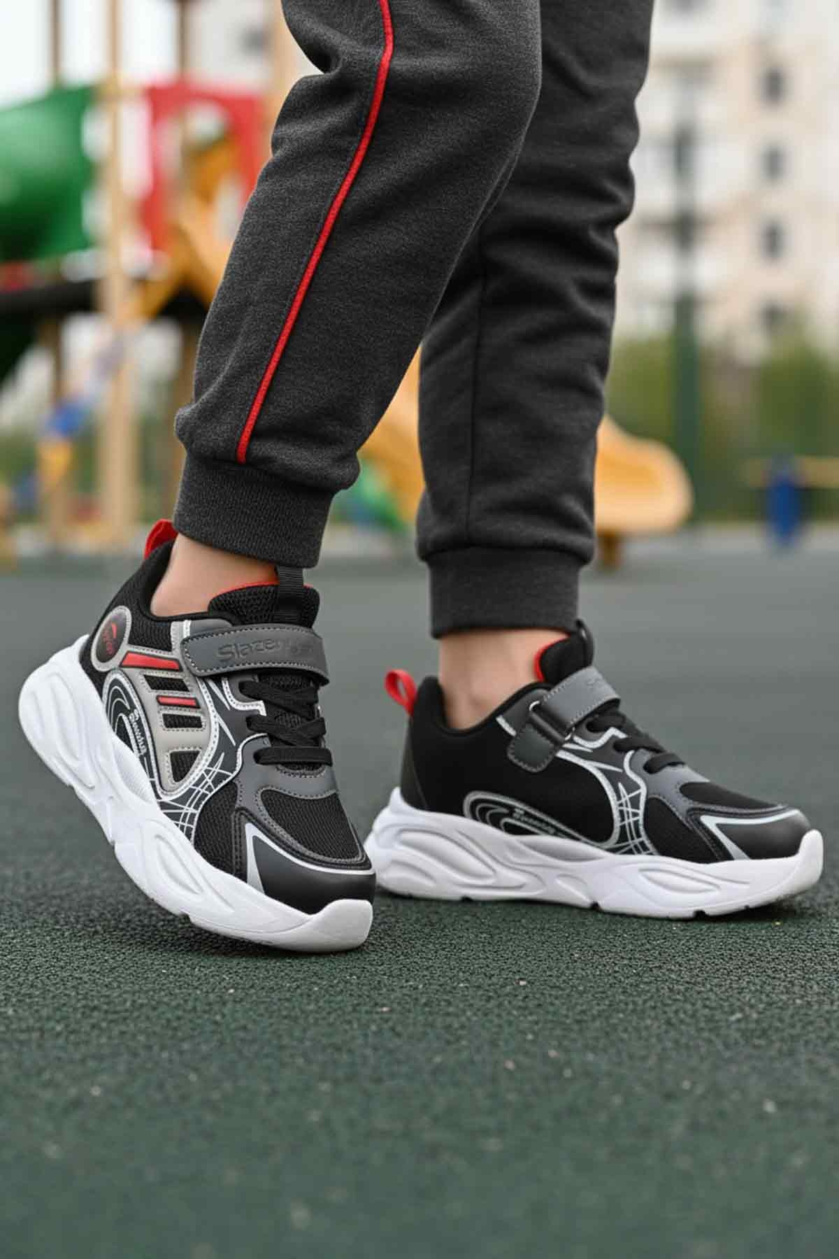 Siyah Kırmızı Cırtlı Erkek Çocuk Spor Ayakkabı Kelsy F - Görsel 4