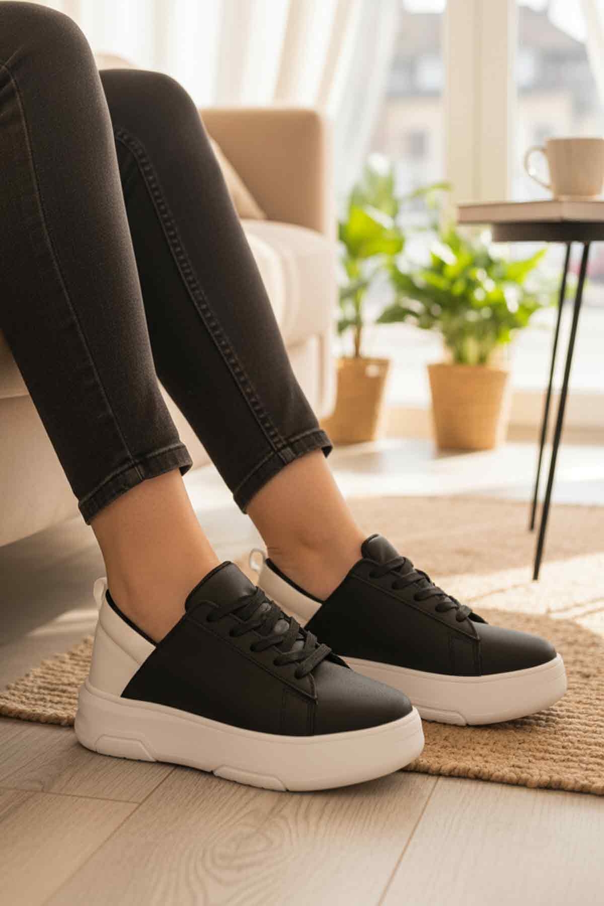 Siyah Beyaz Kalın Taban Bağcıklı Kadın Spor Ayakkabı Termo DV-03 Z - Görsel 4