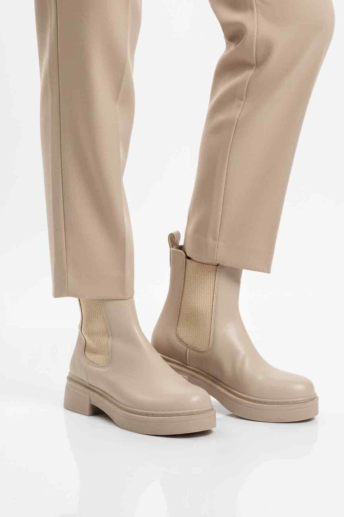 Bej Cilt Kolay Giyilebilir Polarlı Kaymaz Kadın Chelsea Bot 209134 Z - Görsel 2