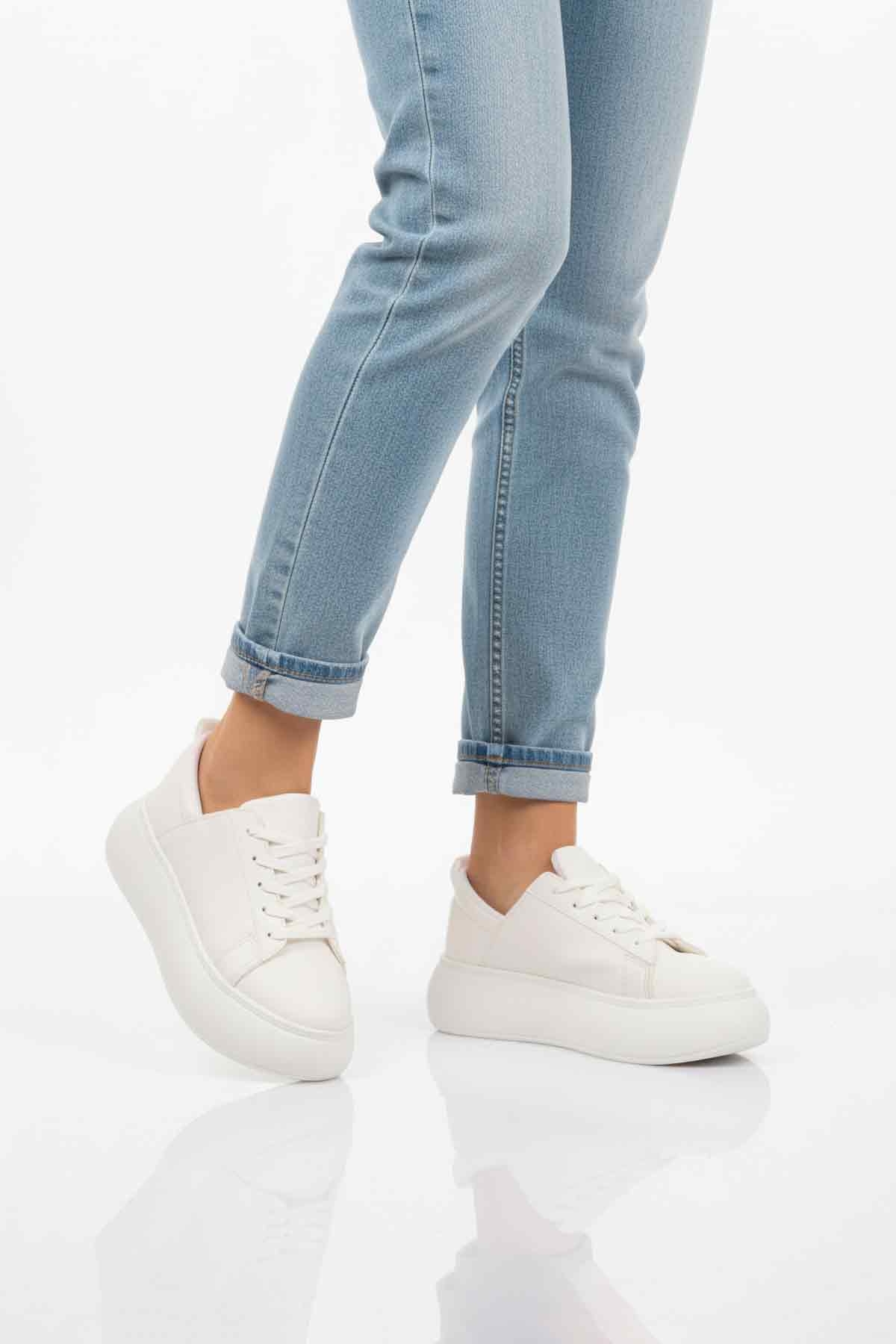 Beyaz Kalın Taban Bağcıklı Kadın Spor Ayakkabı Termo DV-03 Z - Görsel 2