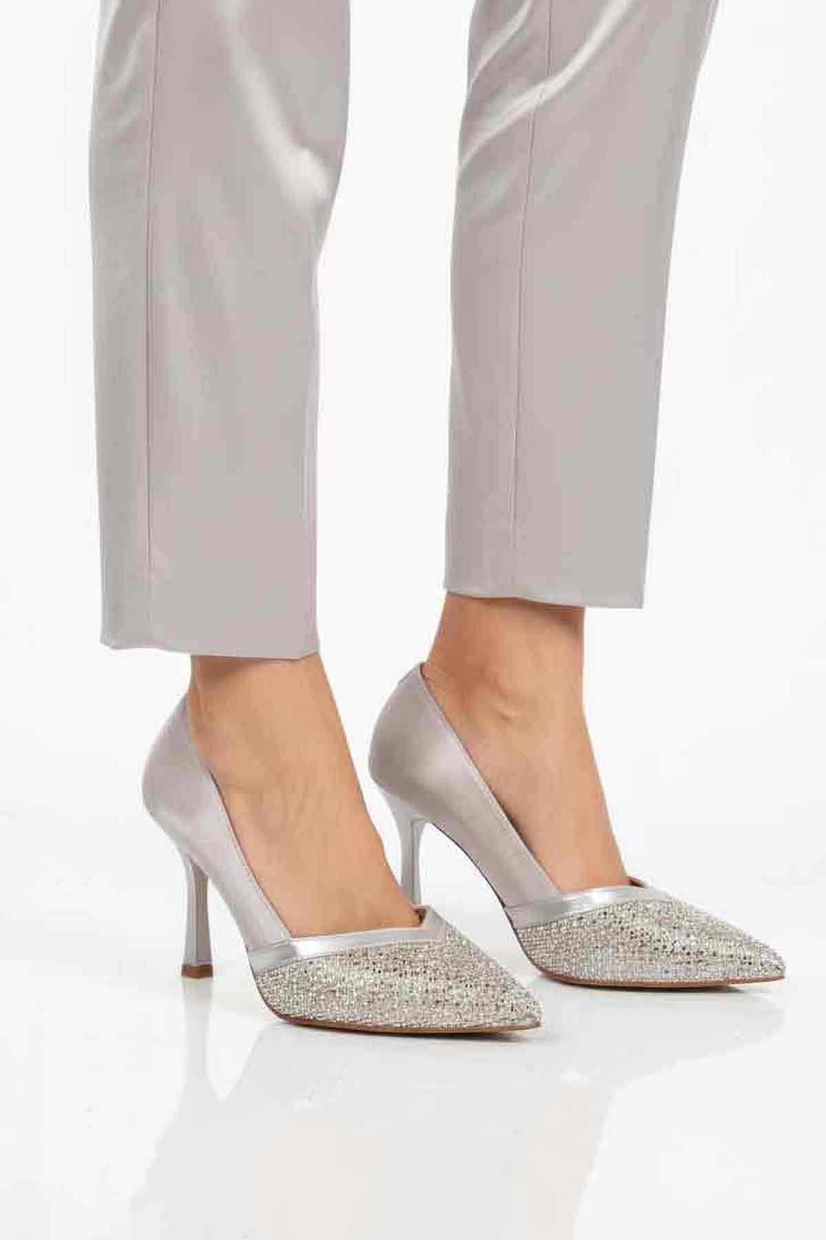 Gümüş Saten Taş İşlemeli Kadın Abiye Ayakkabı 357192 Z - Görsel 2