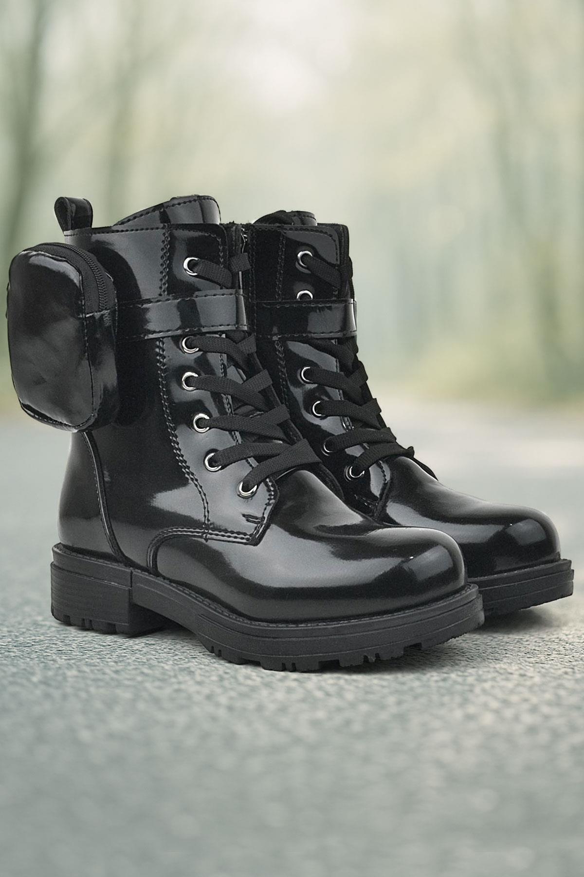 Siyah Rugan Fermuarlı Bağcıklı Cüzdanlı Kız Çocuk Bot - Görsel 2