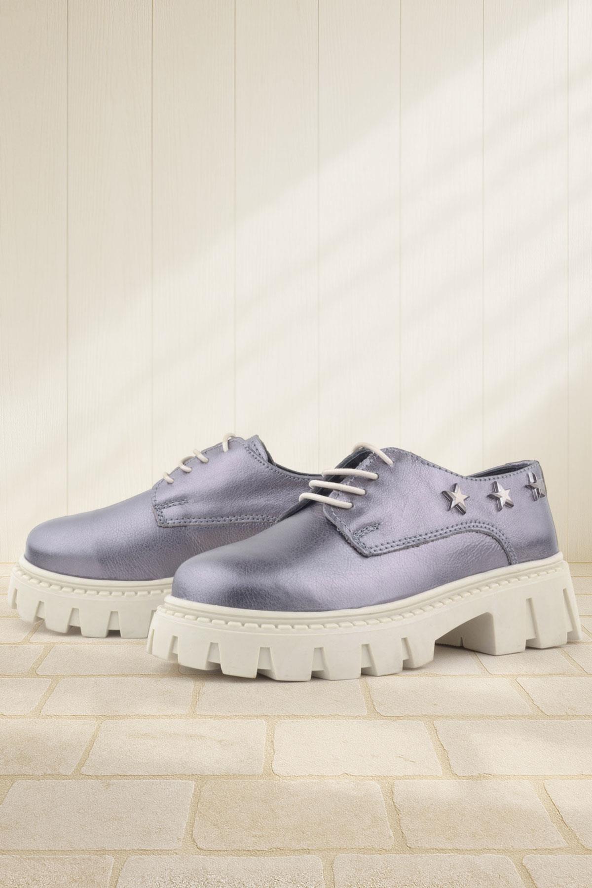 Platin Hakiki Deri Bağcıklı Yıldızlı Kız Çocuk Oxford Okul Ayakkabı - Görsel 3