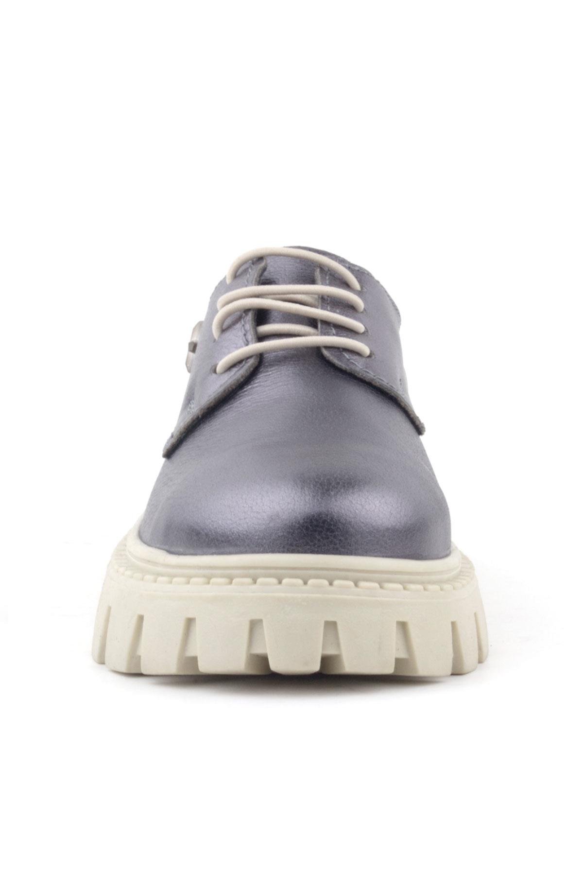 Platin Hakiki Deri Bağcıklı Yıldızlı Kız Çocuk Oxford Okul Ayakkabı - Görsel 5