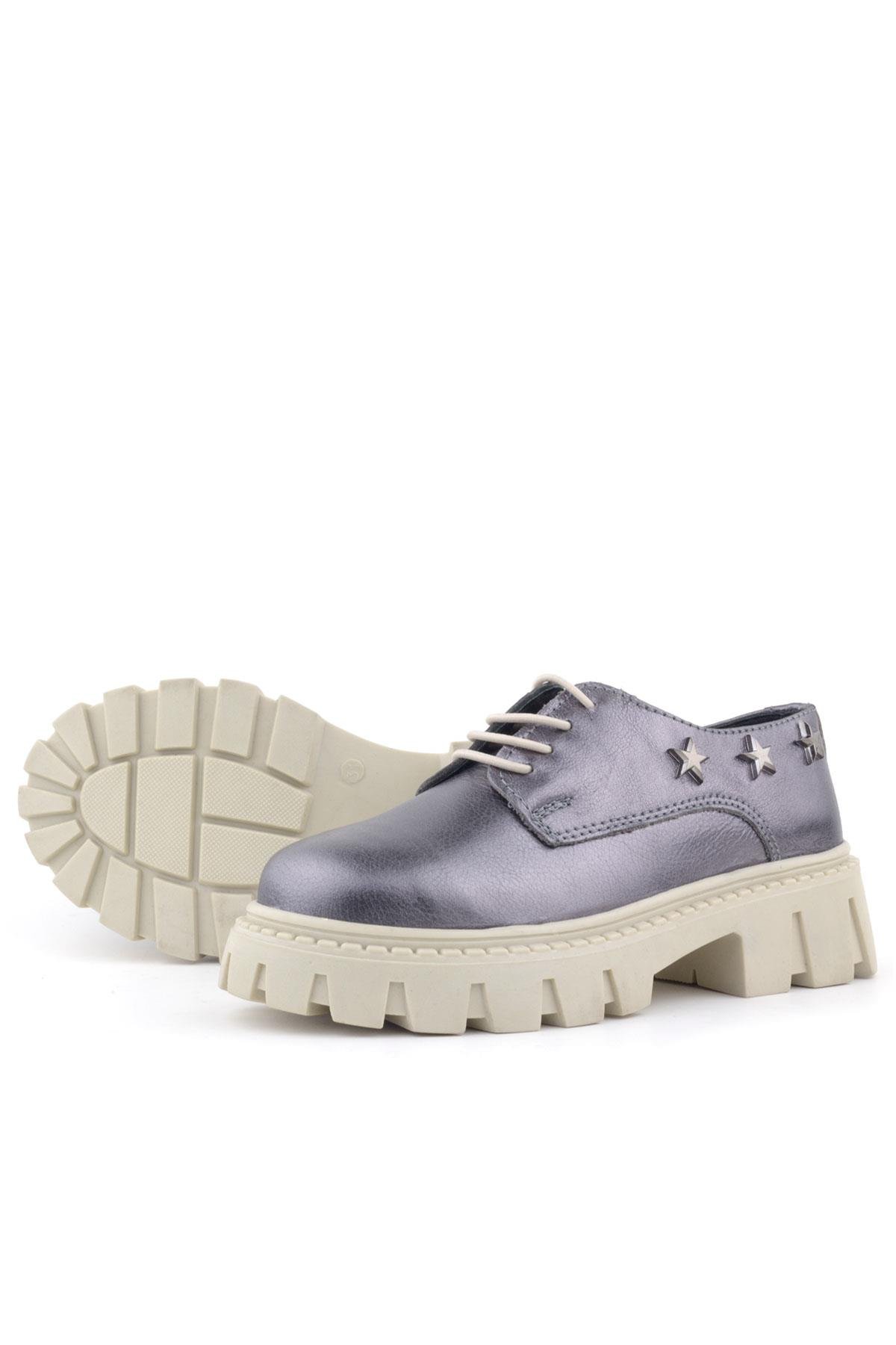 Platin Hakiki Deri Bağcıklı Yıldızlı Kız Çocuk Oxford Okul Ayakkabı - Görsel 7