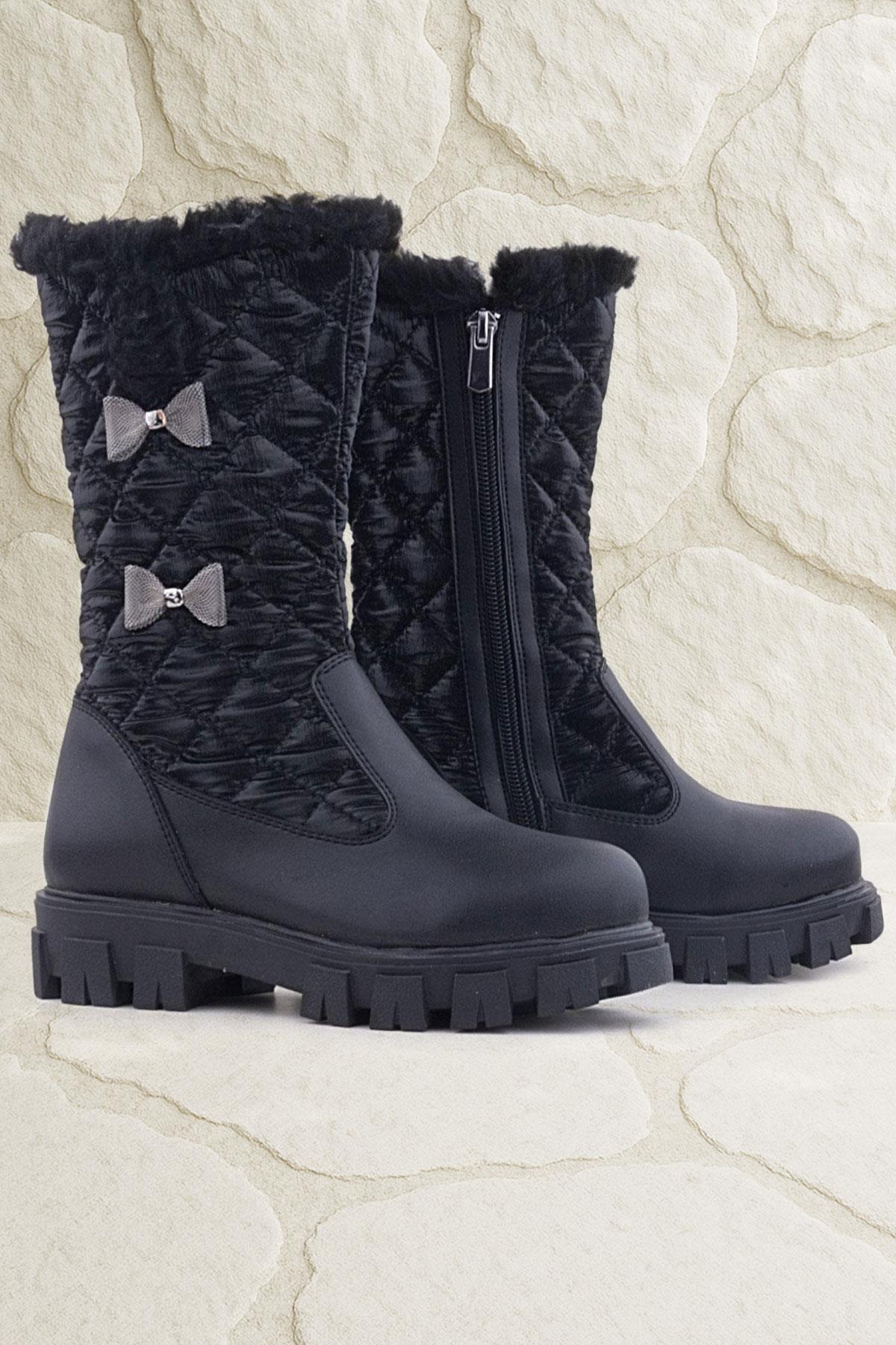 Siyah Uzun Fermuarlı Kurdeleli Kız Çocuk Yağmur Çizmesi - Görsel 2