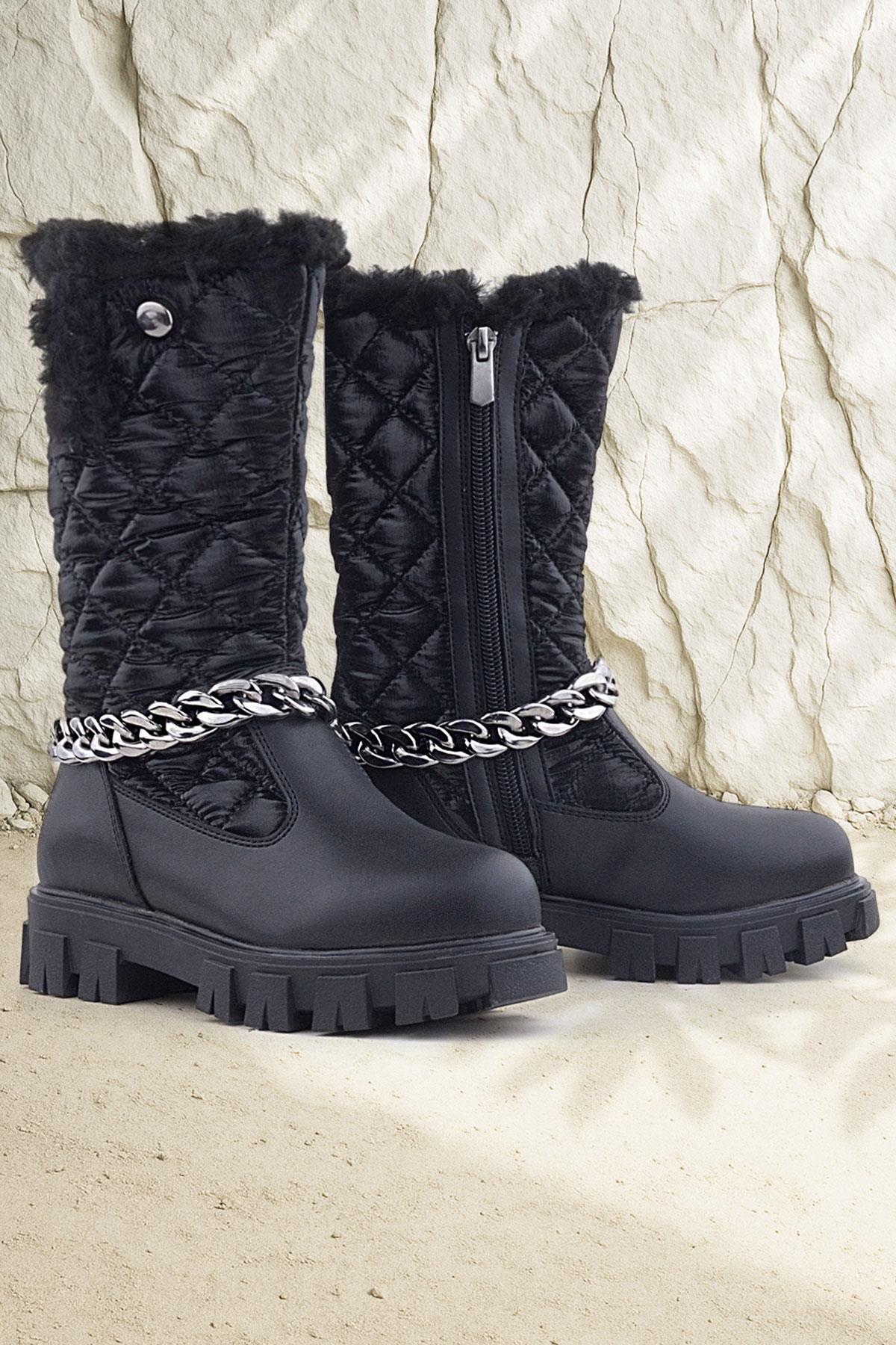 Siyah Uzun Fermuarlı Zincir Detaylı Kız Çocuk Yağmur Çizmesi - Görsel 2