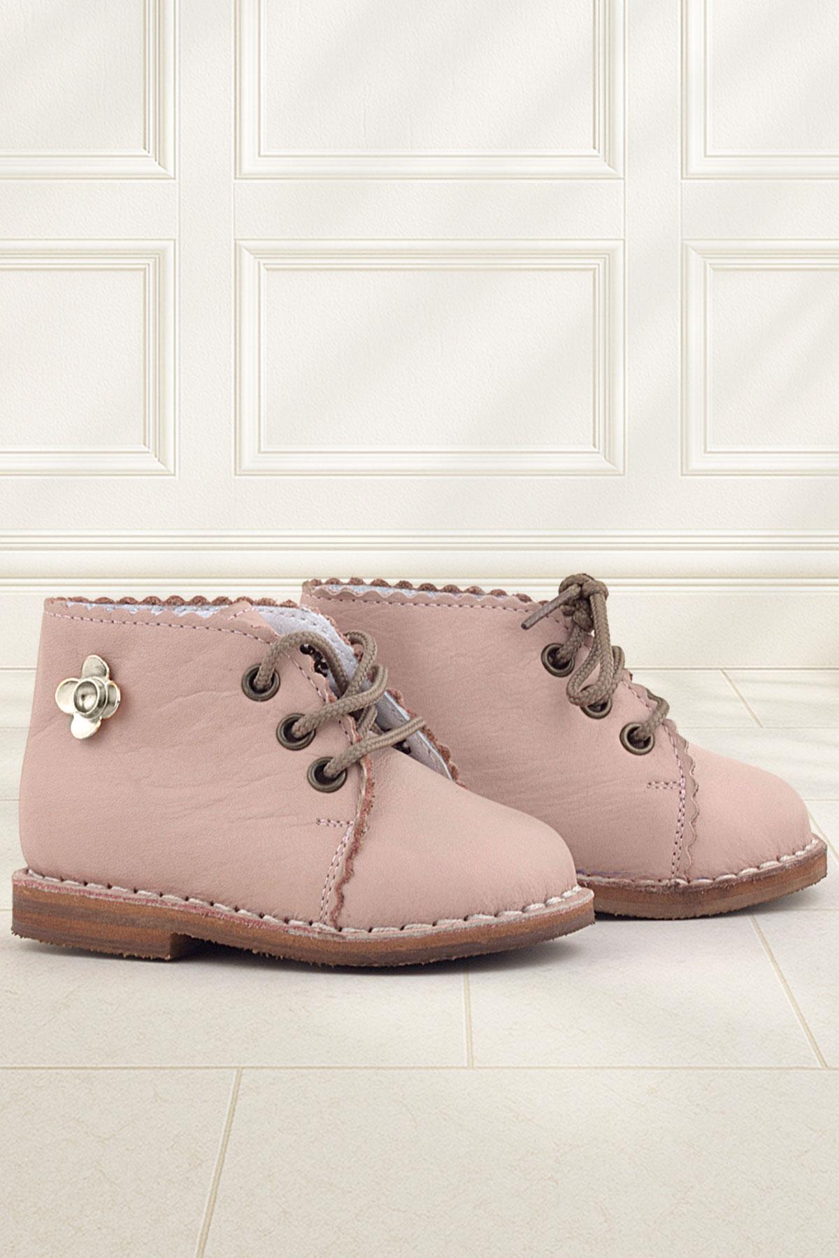 Handmade Hakiki Deri Pembe Çiçek Detaylı Bağcıklı Bebek Bot - Görsel 2