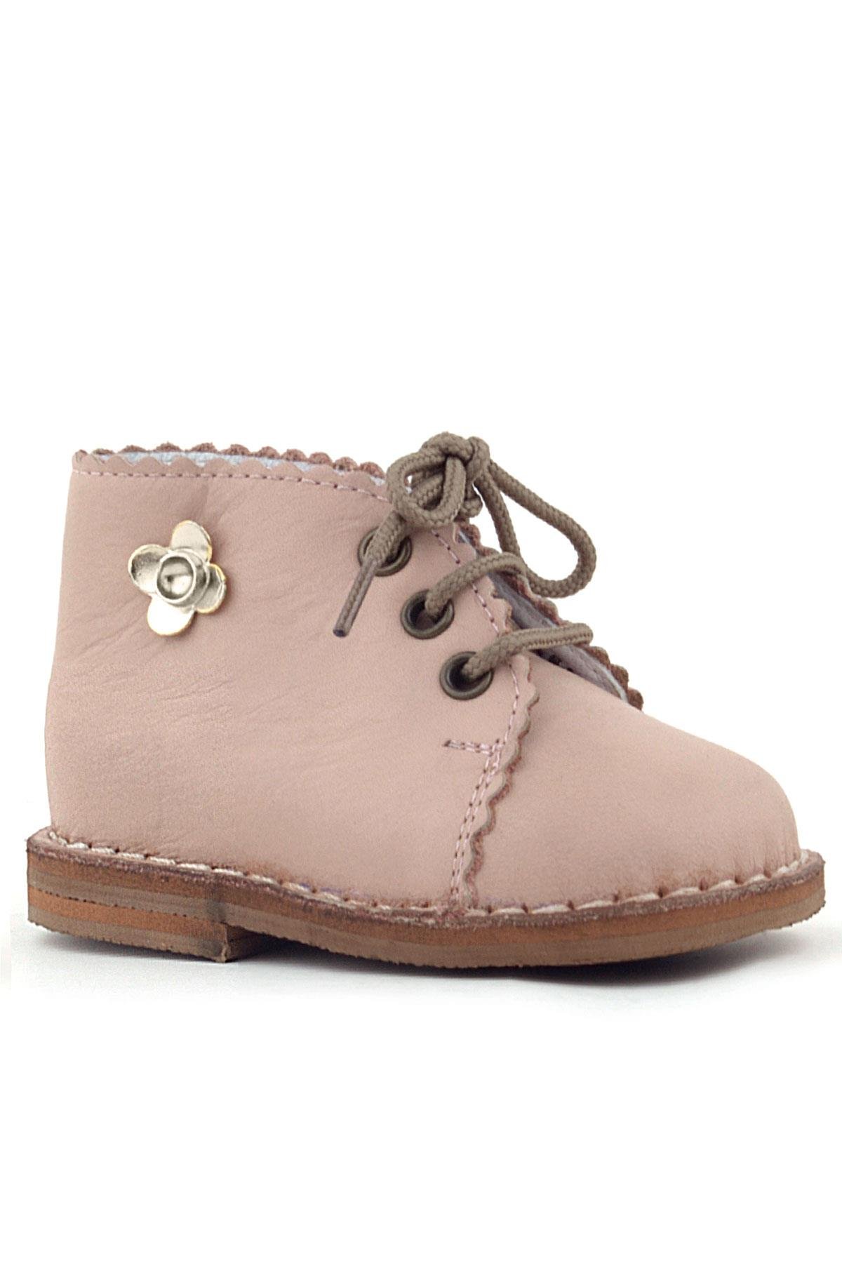 Handmade Hakiki Deri Pembe Çiçek Detaylı Bağcıklı Bebek Bot - Görsel 3