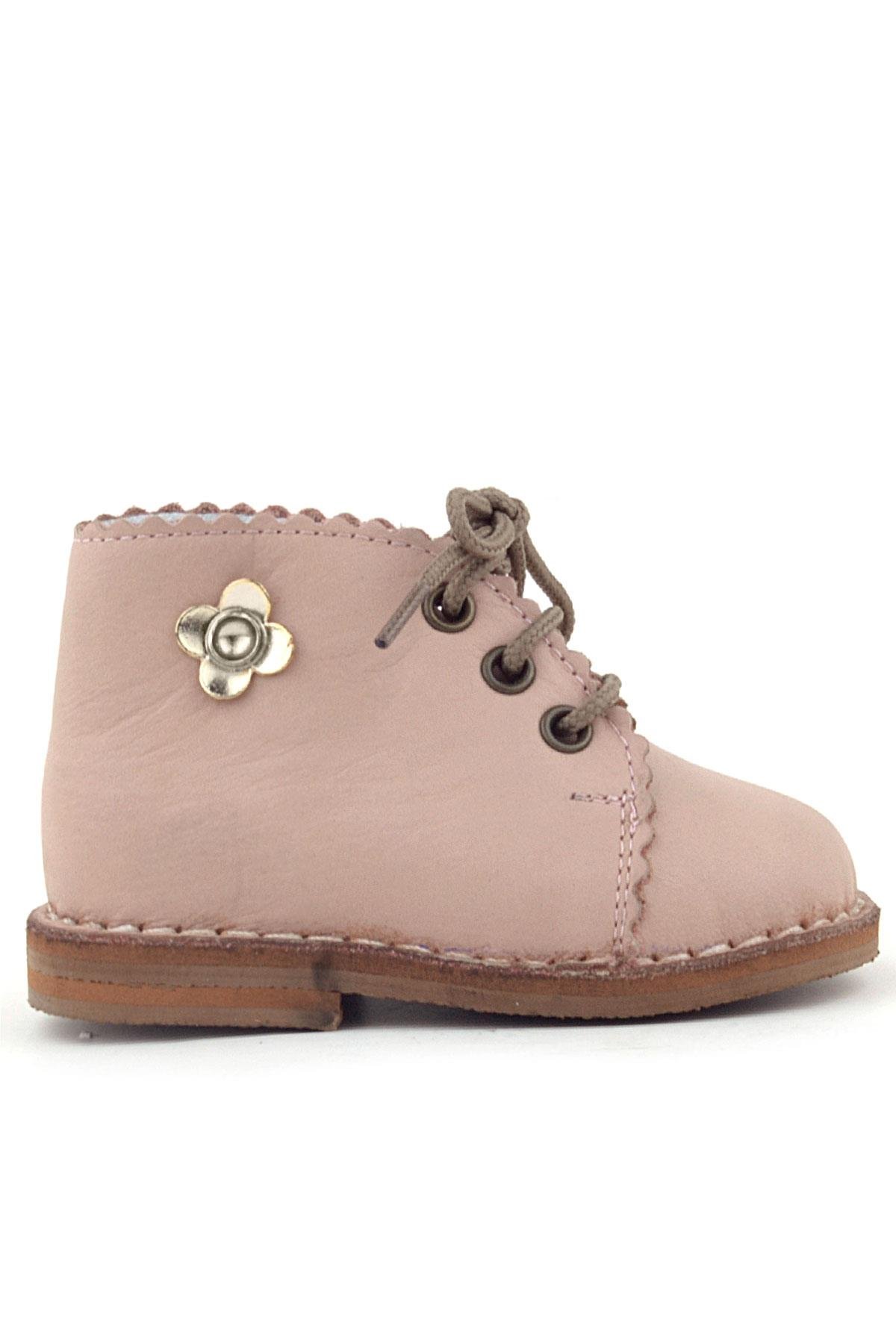 Handmade Hakiki Deri Pembe Çiçek Detaylı Bağcıklı Bebek Bot - Görsel 4