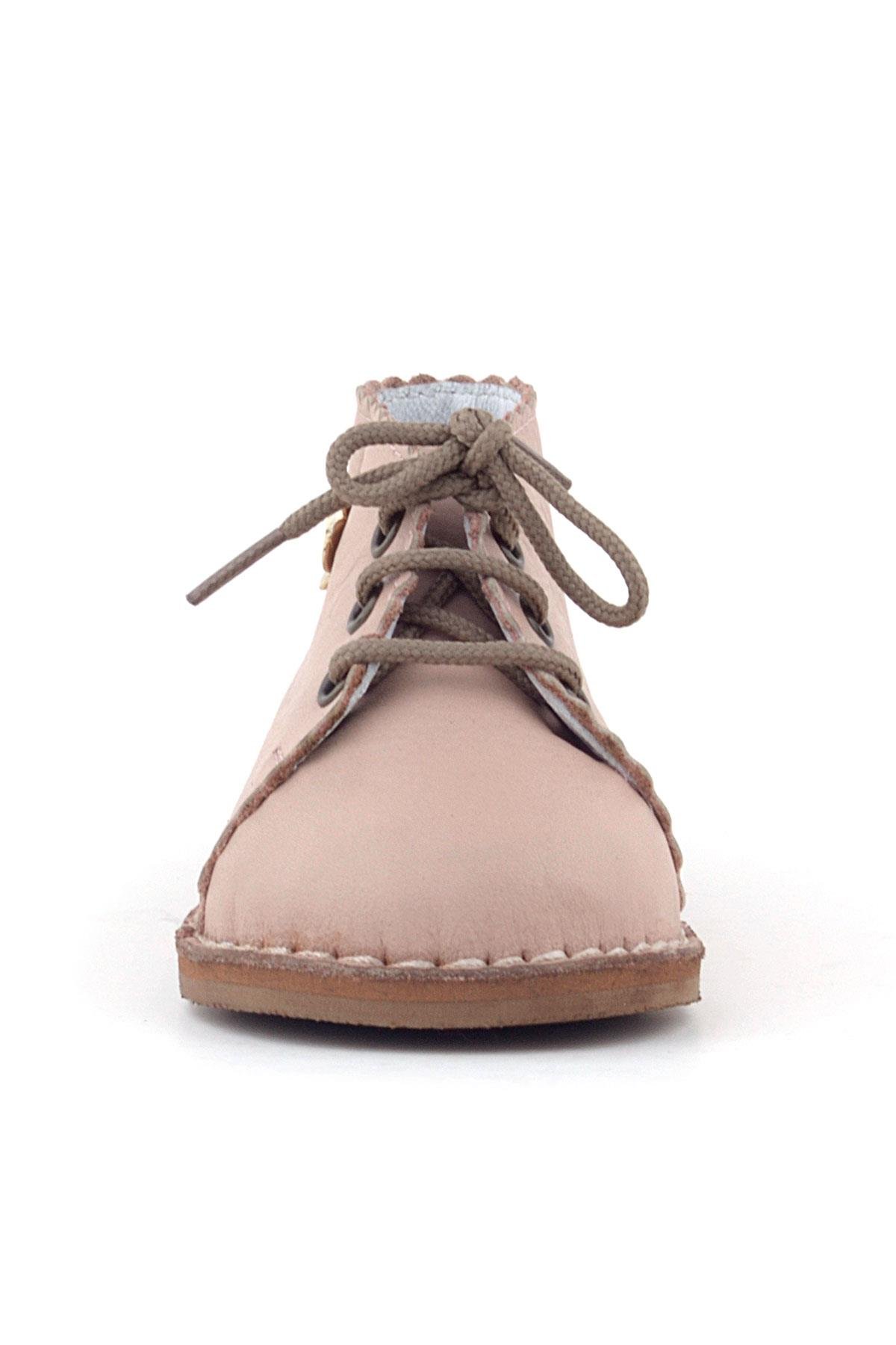 Handmade Hakiki Deri Pembe Çiçek Detaylı Bağcıklı Bebek Bot - Görsel 5