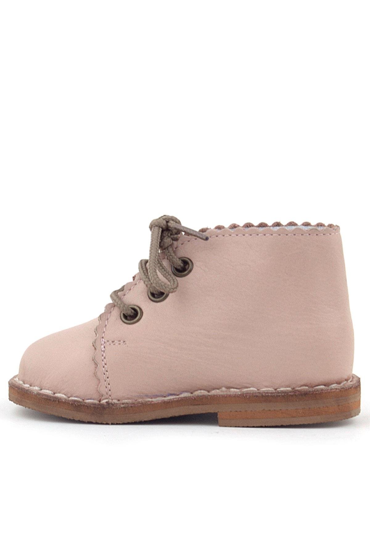 Handmade Hakiki Deri Pembe Çiçek Detaylı Bağcıklı Bebek Bot - Görsel 6