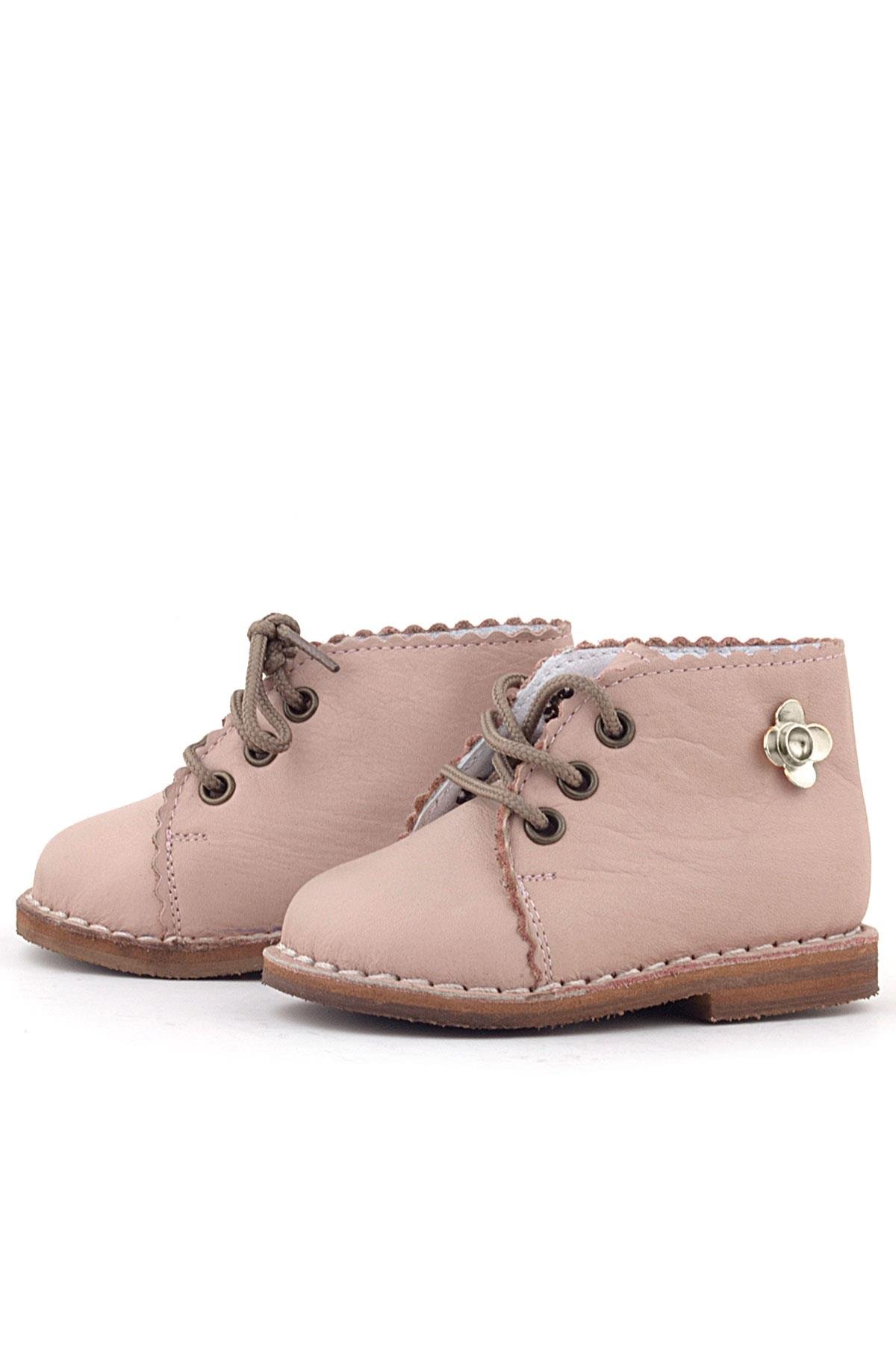 Handmade Hakiki Deri Pembe Çiçek Detaylı Bağcıklı Bebek Bot - Görsel 7