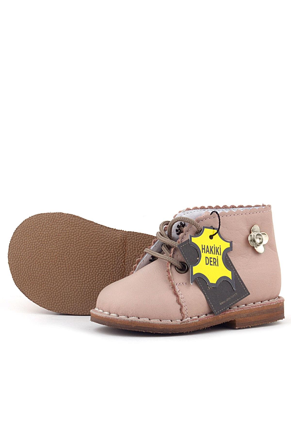 Handmade Hakiki Deri Pembe Çiçek Detaylı Bağcıklı Bebek Bot - Görsel 8