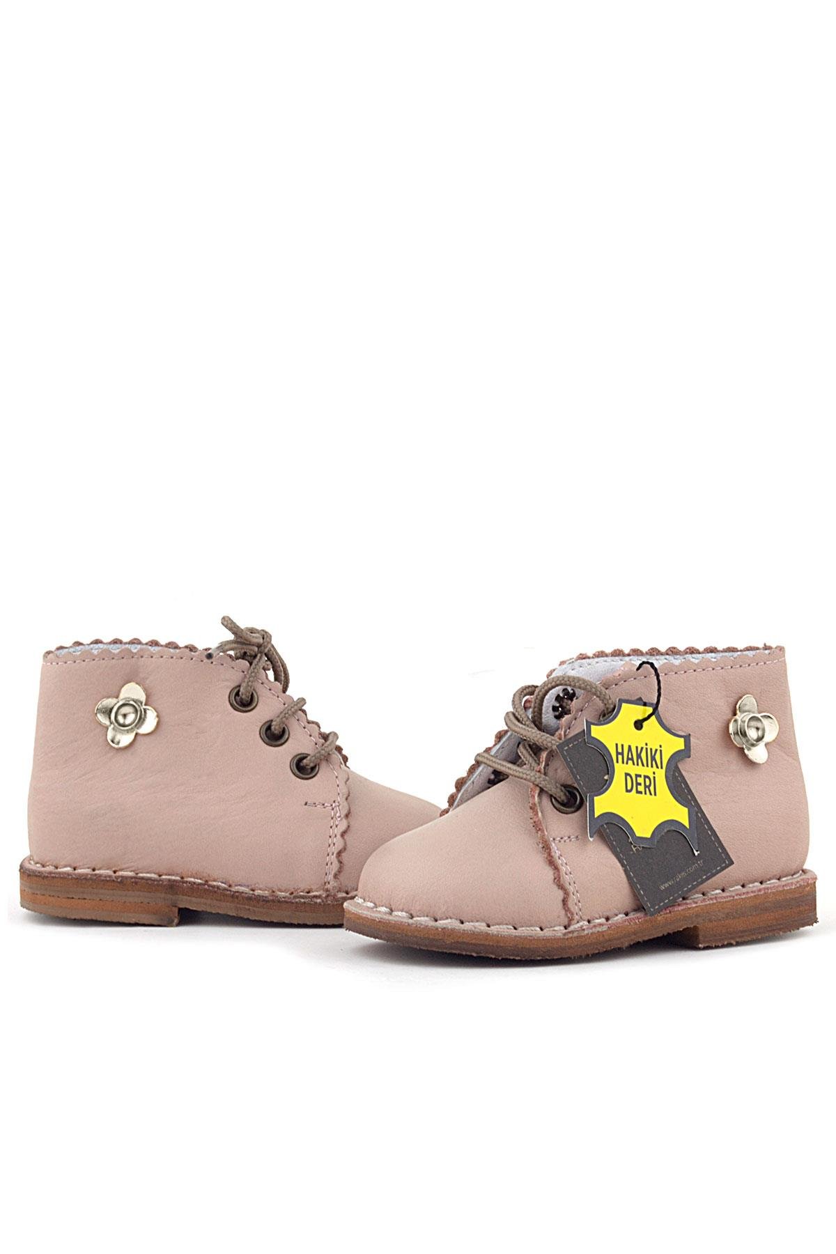 Handmade Hakiki Deri Pembe Çiçek Detaylı Bağcıklı Bebek Bot - Görsel 9