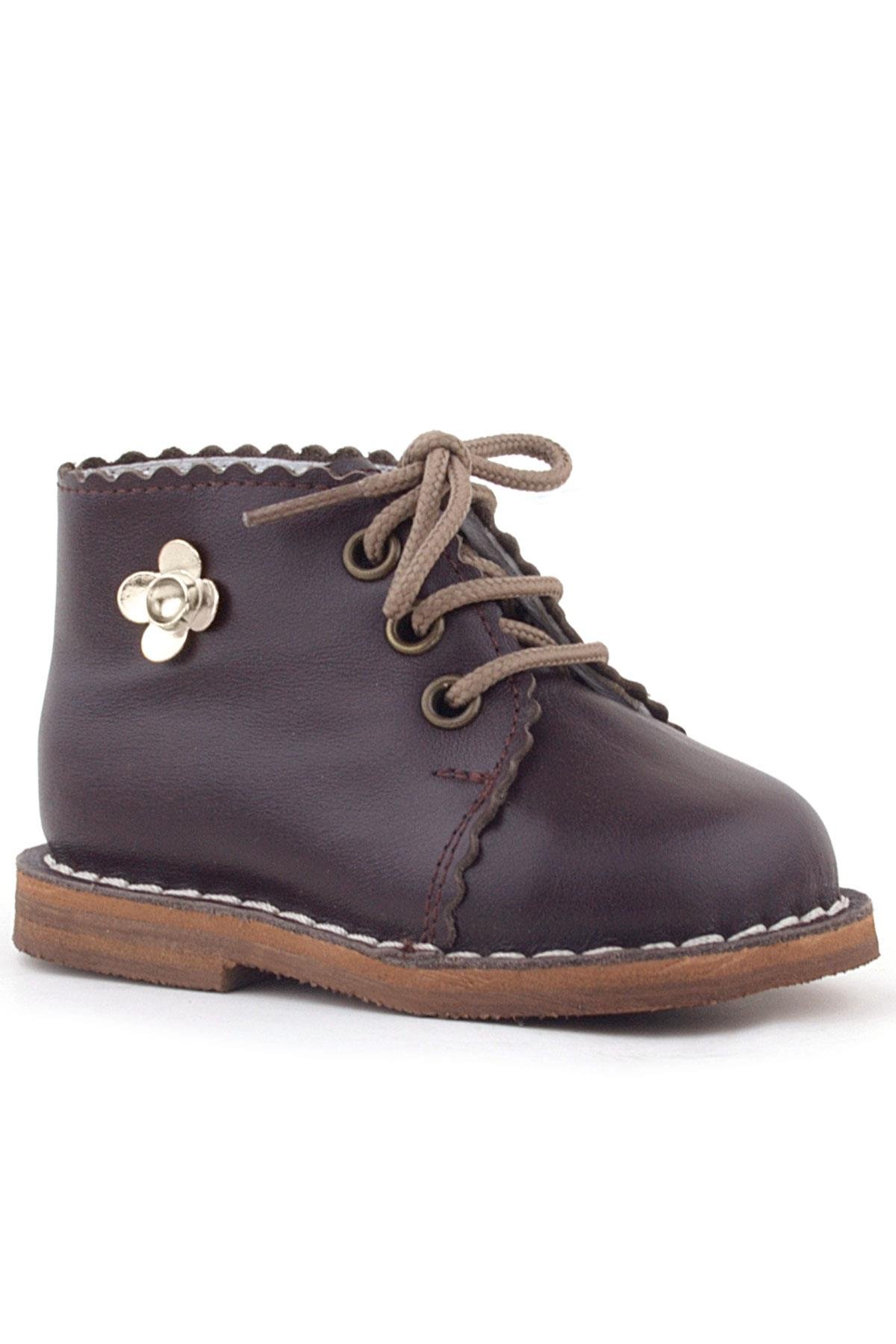 Handmade Hakiki Deri Kahverengi Çiçek Detaylı Bağcıklı Bebek Bot - Görsel 3