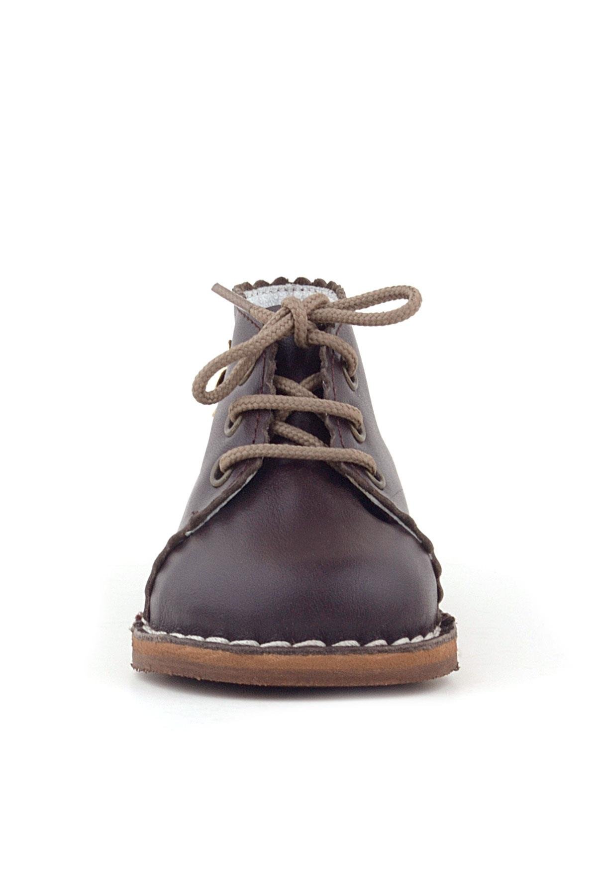 Handmade Hakiki Deri Kahverengi Çiçek Detaylı Bağcıklı Bebek Bot - Görsel 5