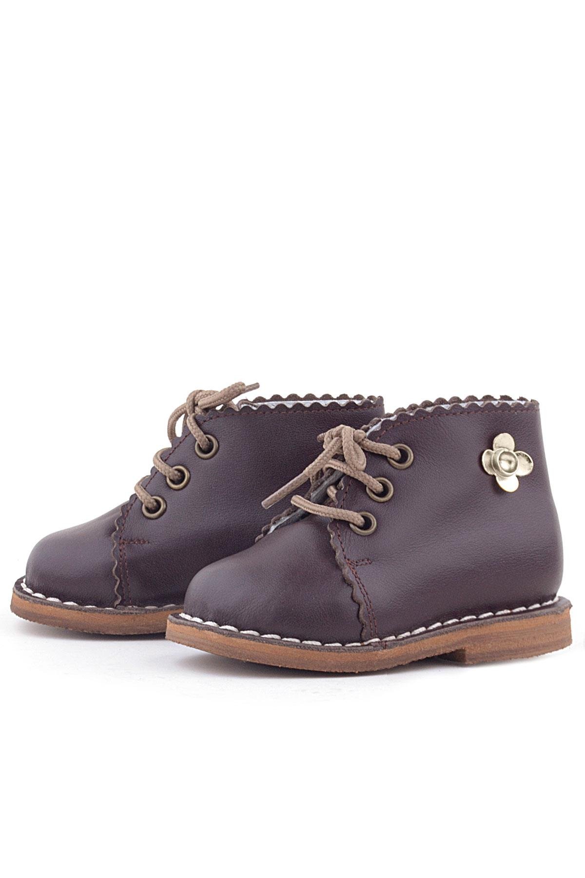 Handmade Hakiki Deri Kahverengi Çiçek Detaylı Bağcıklı Bebek Bot - Görsel 7