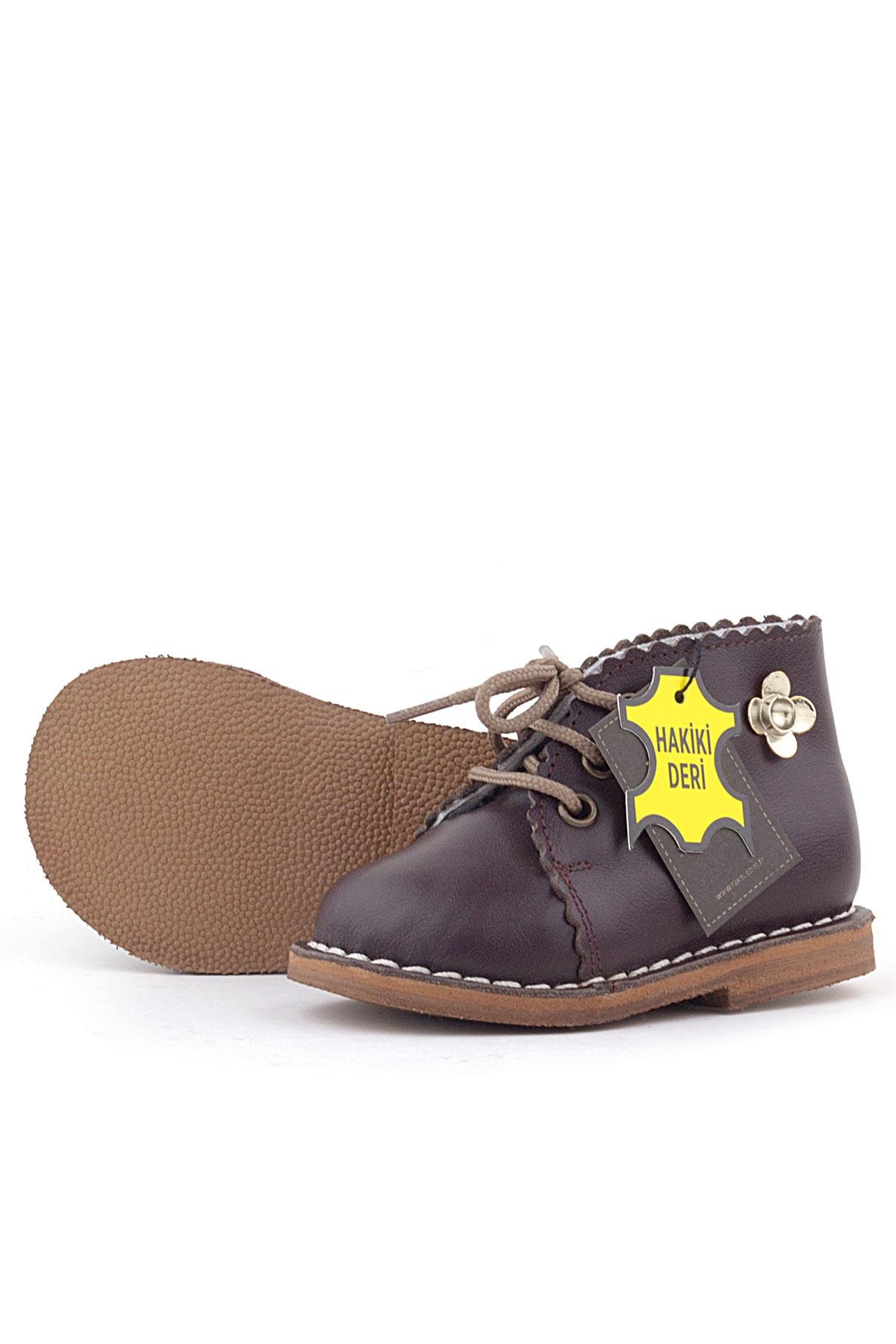 Handmade Hakiki Deri Kahverengi Çiçek Detaylı Bağcıklı Bebek Bot - Görsel 8