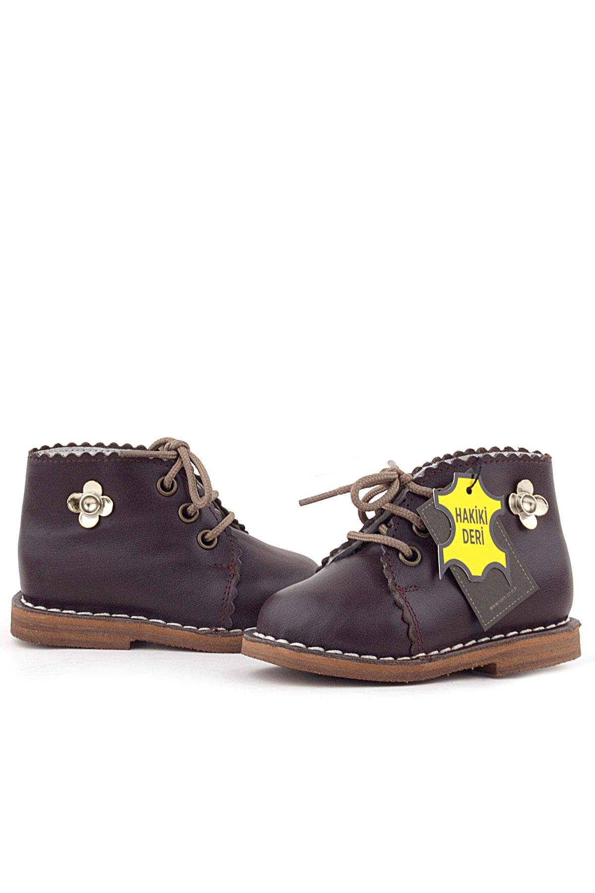 Handmade Hakiki Deri Kahverengi Çiçek Detaylı Bağcıklı Bebek Bot - Görsel 9