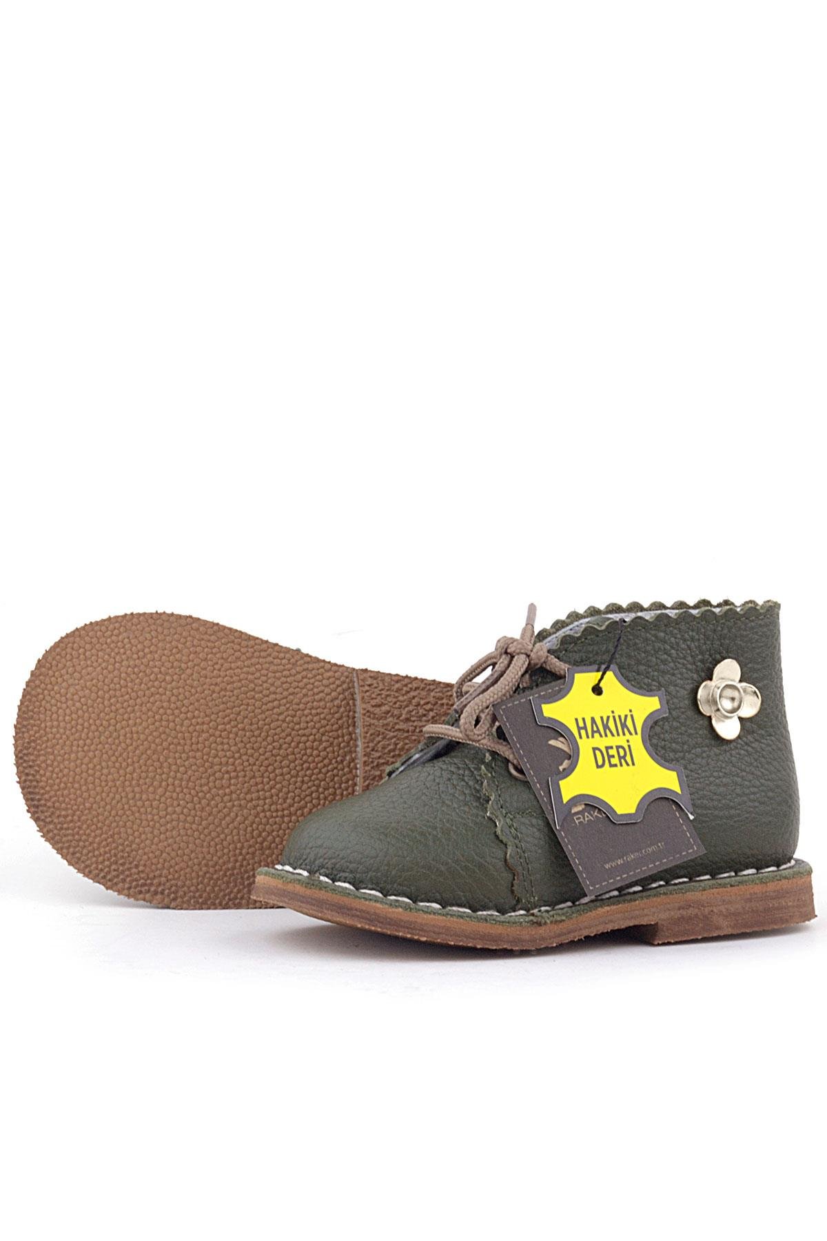 Handmade Hakiki Deri Haki Yeşil Çiçekli Bağcıklı Bebek Bot - Görsel 5