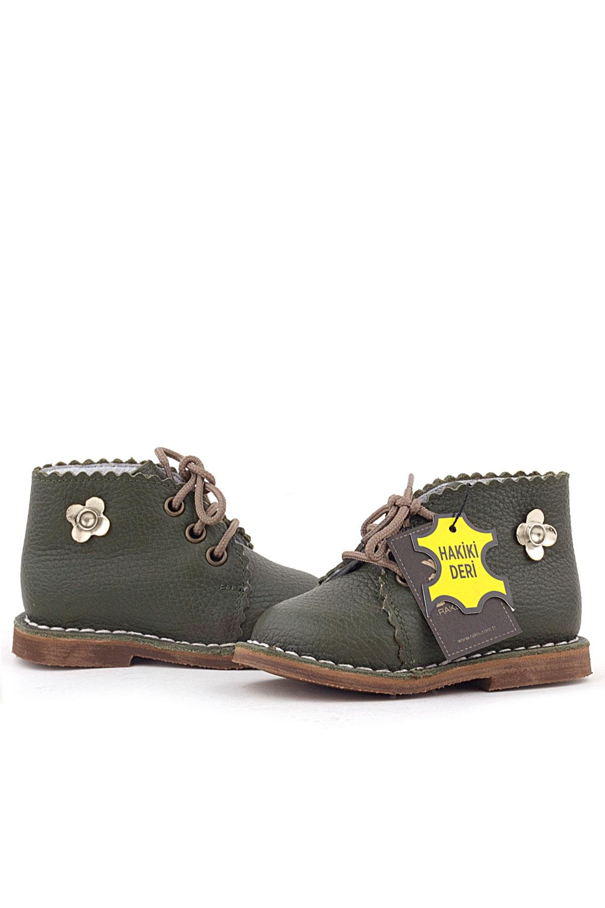 Handmade Hakiki Deri Haki Yeşil Çiçekli Bağcıklı Bebek Bot - Görsel 6