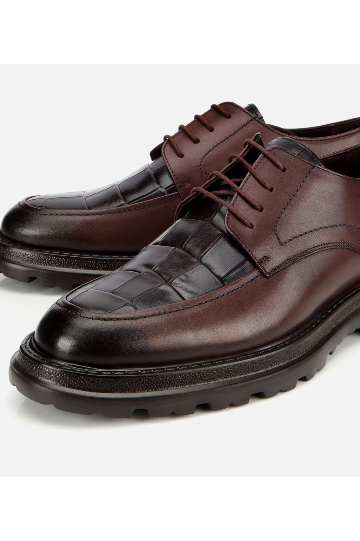 Erkek Kroko Deri Kahverengi Yüksek Tabanlı Klasik Ayakkabı - Görsel 3