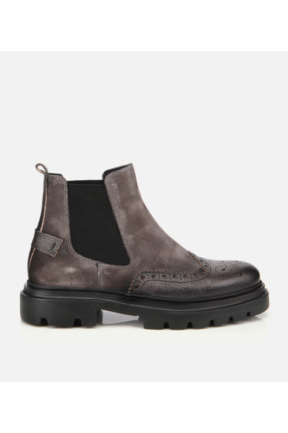 Erkek Süet Deri Gri Lastik Detaylı İşlemeli Chelsea Bot