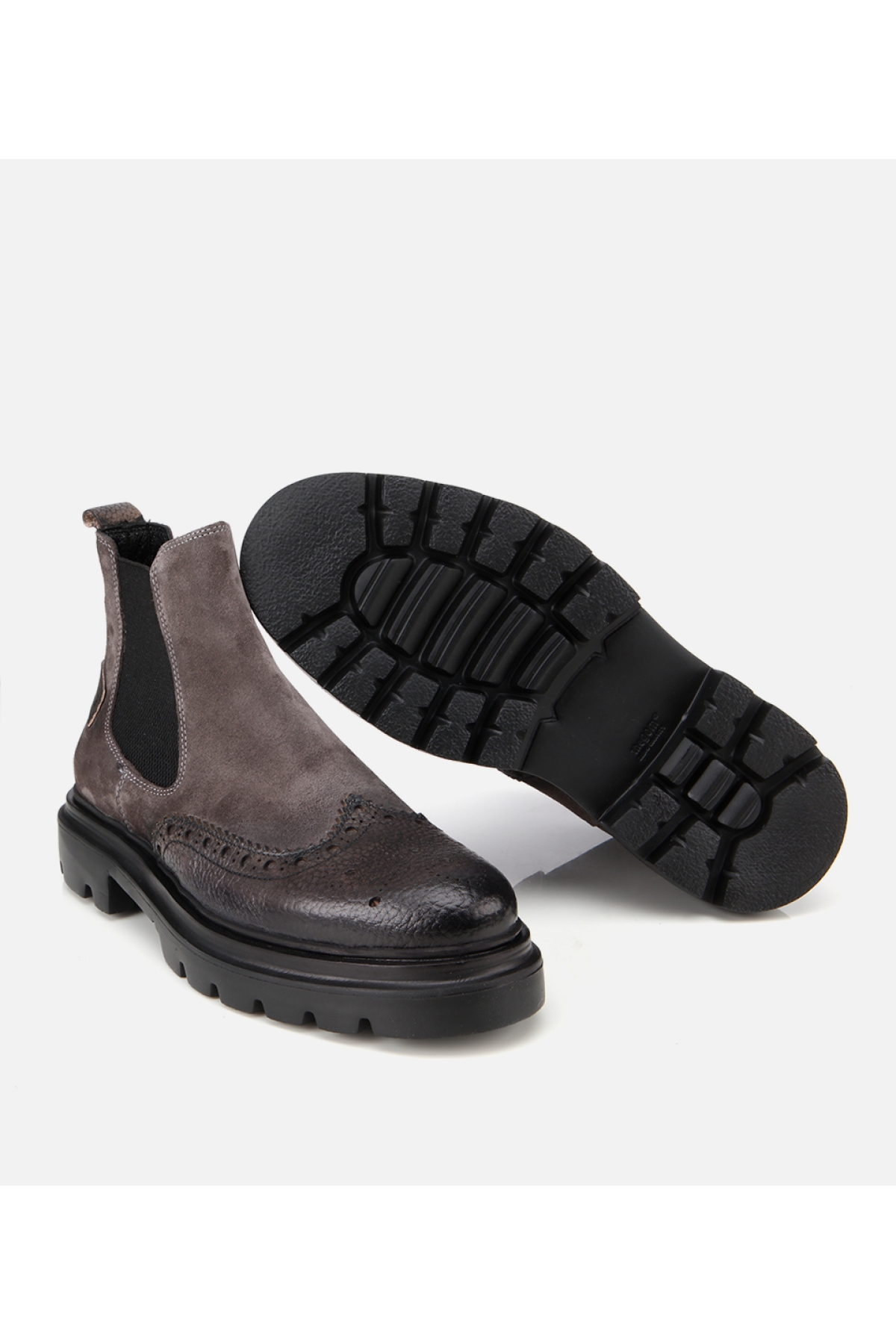 Erkek Süet Deri Gri Lastik Detaylı İşlemeli Chelsea Bot - Görsel 6