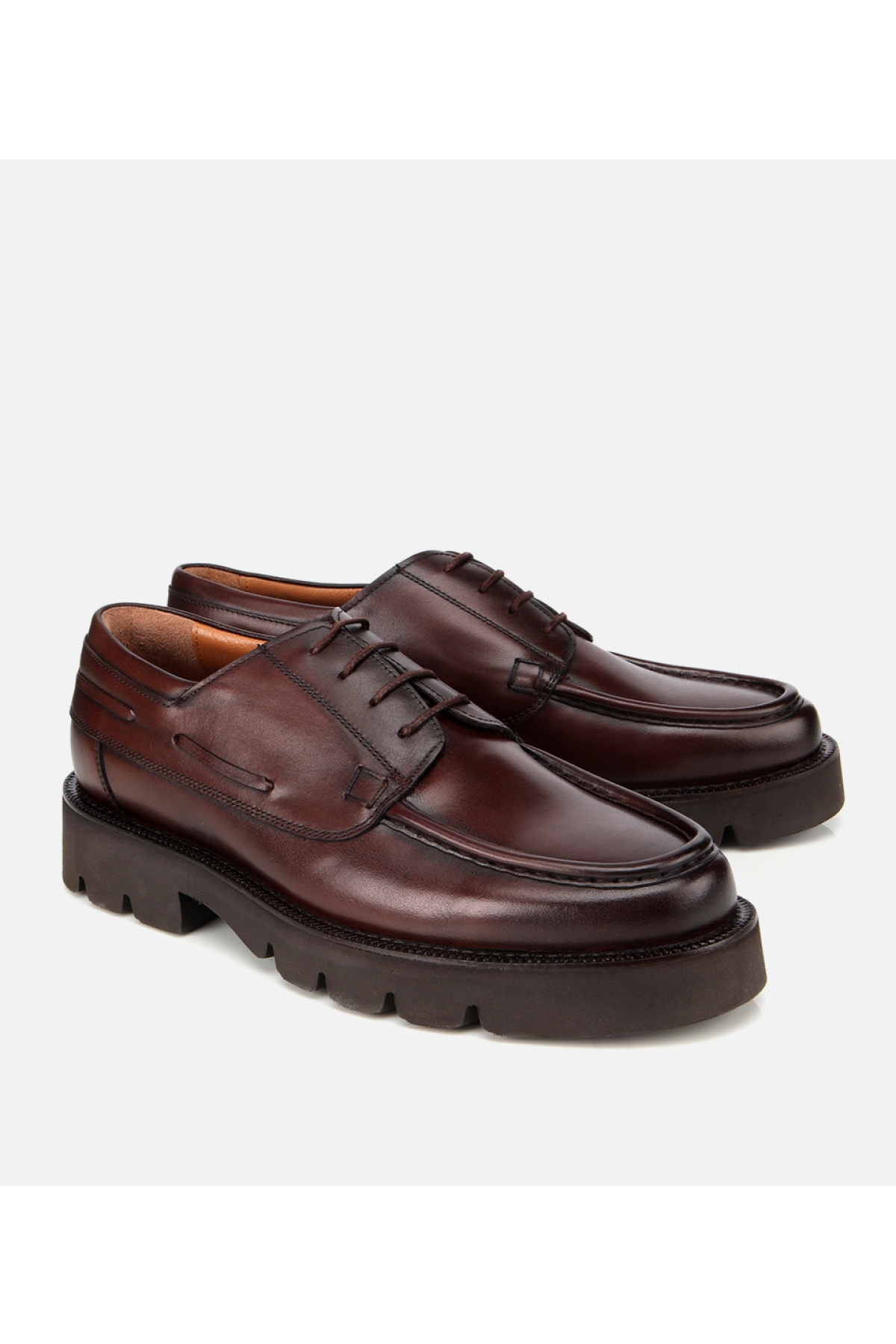 Erkek Deri Kahverengi Dikiş Burunlu Kalın Tabanlı Günlük Ayakkabı - Görsel 2