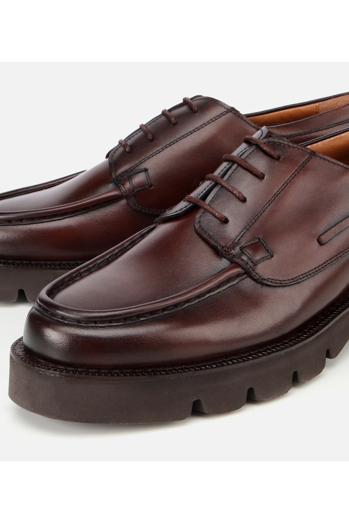 Erkek Deri Kahverengi Dikiş Burunlu Kalın Tabanlı Günlük Ayakkabı - Görsel 3