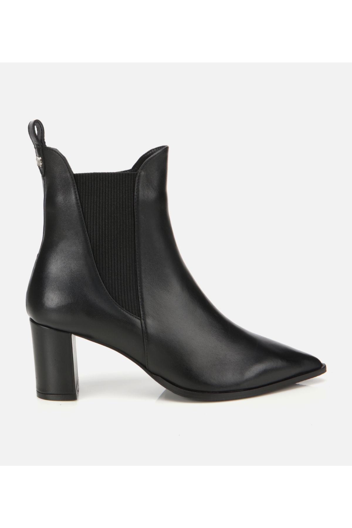 Kadın Deri Siyah Sivri Burunlu Streç Detaylı Bilekte Topuklu Bot