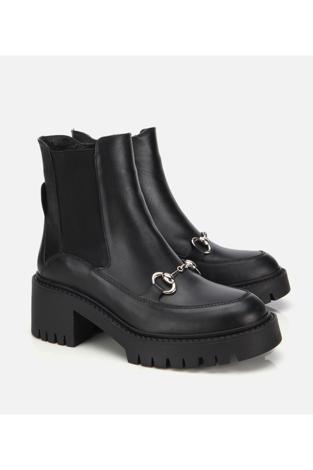 Kadın Deri Siyah Tokalı Lastik Detaylı Kalın Tabanlı Topuklu Bot - Görsel 2
