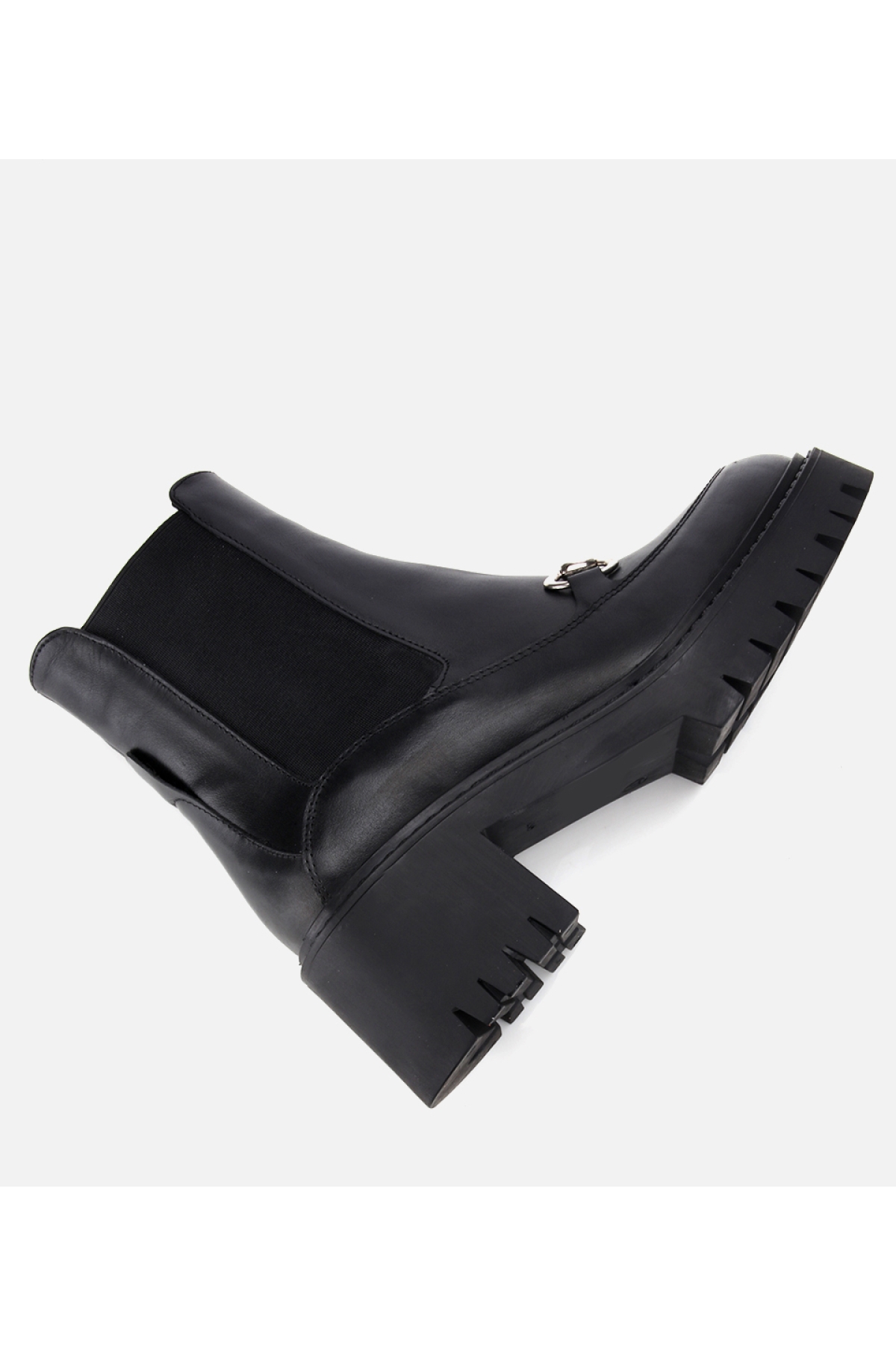 Kadın Deri Siyah Tokalı Lastik Detaylı Kalın Tabanlı Topuklu Bot - Görsel 6