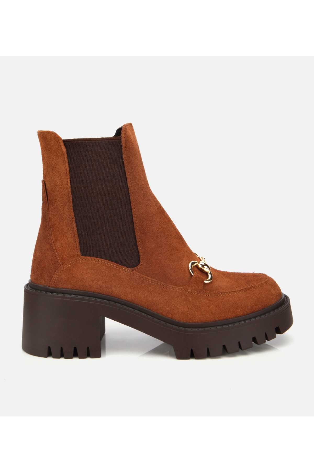 Kadın Süet Deri Taba Tokalı Lastik Detaylı Kalın Tabanlı Topuklu Bot