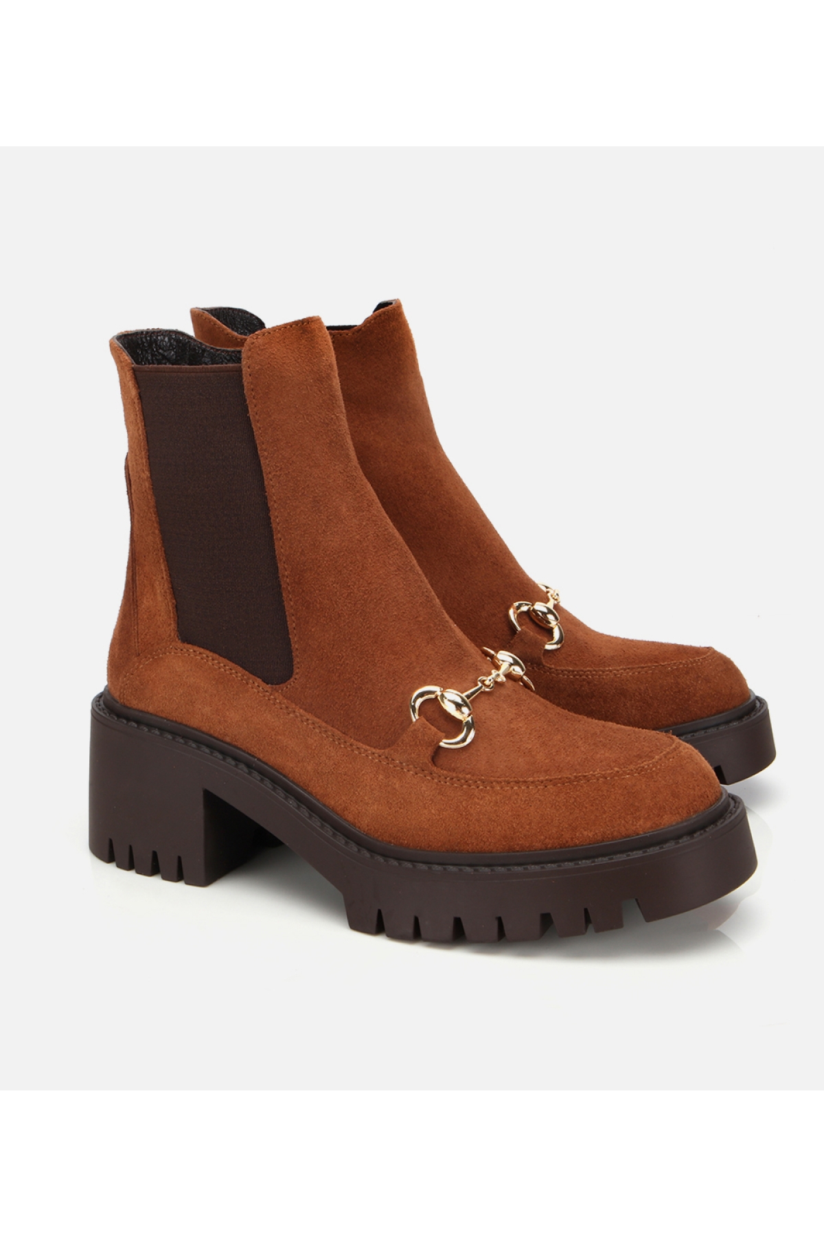 Kadın Süet Deri Taba Tokalı Lastik Detaylı Kalın Tabanlı Topuklu Bot - Görsel 2