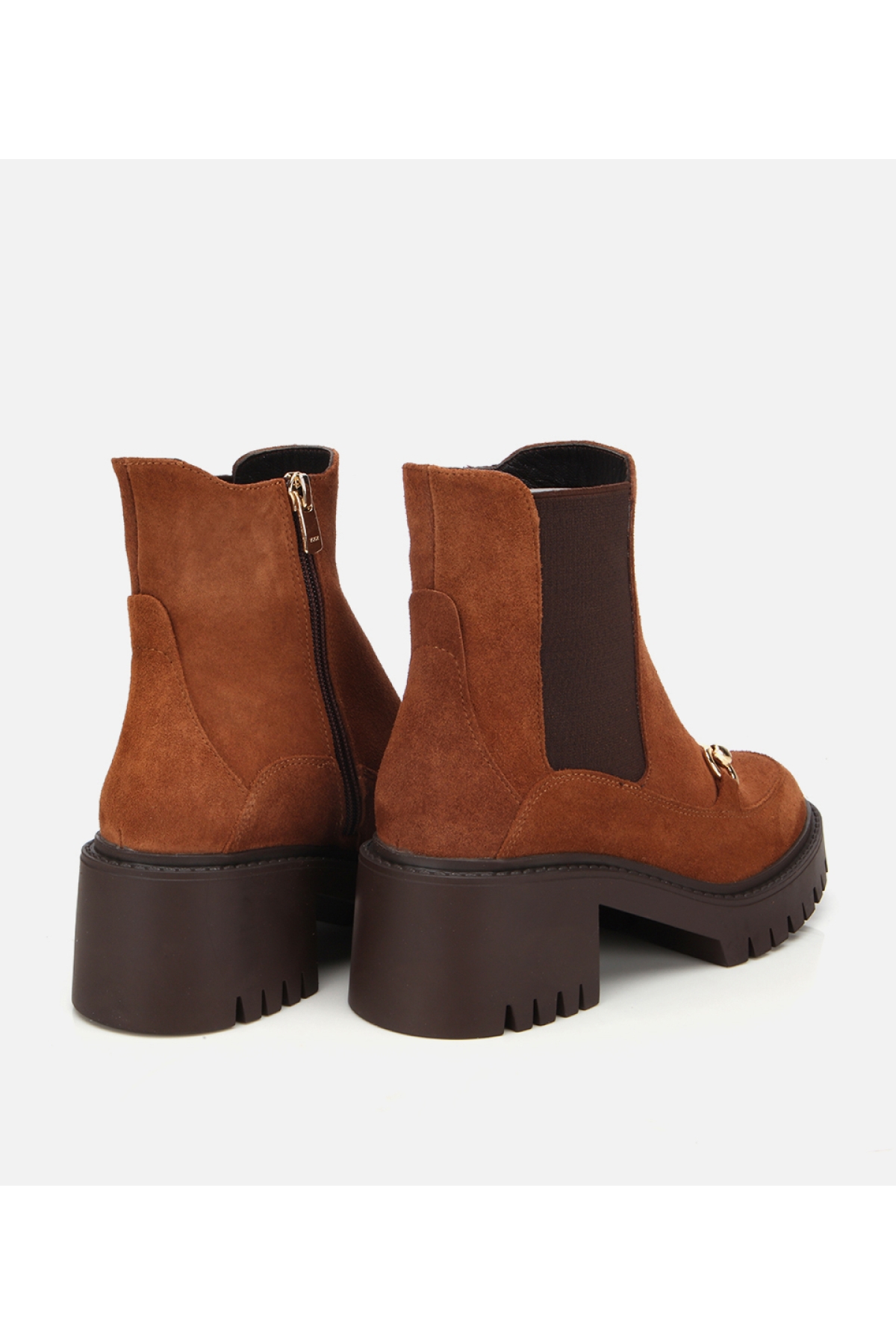 Kadın Süet Deri Taba Tokalı Lastik Detaylı Kalın Tabanlı Topuklu Bot - Görsel 4