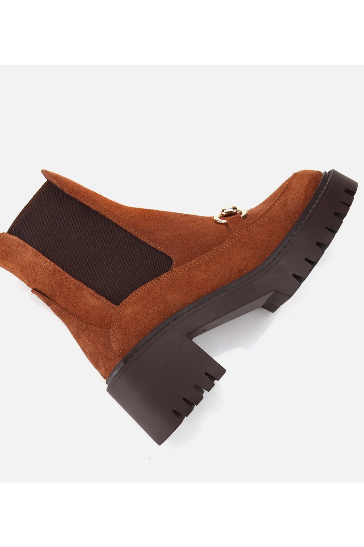 Kadın Süet Deri Taba Tokalı Lastik Detaylı Kalın Tabanlı Topuklu Bot - Görsel 6