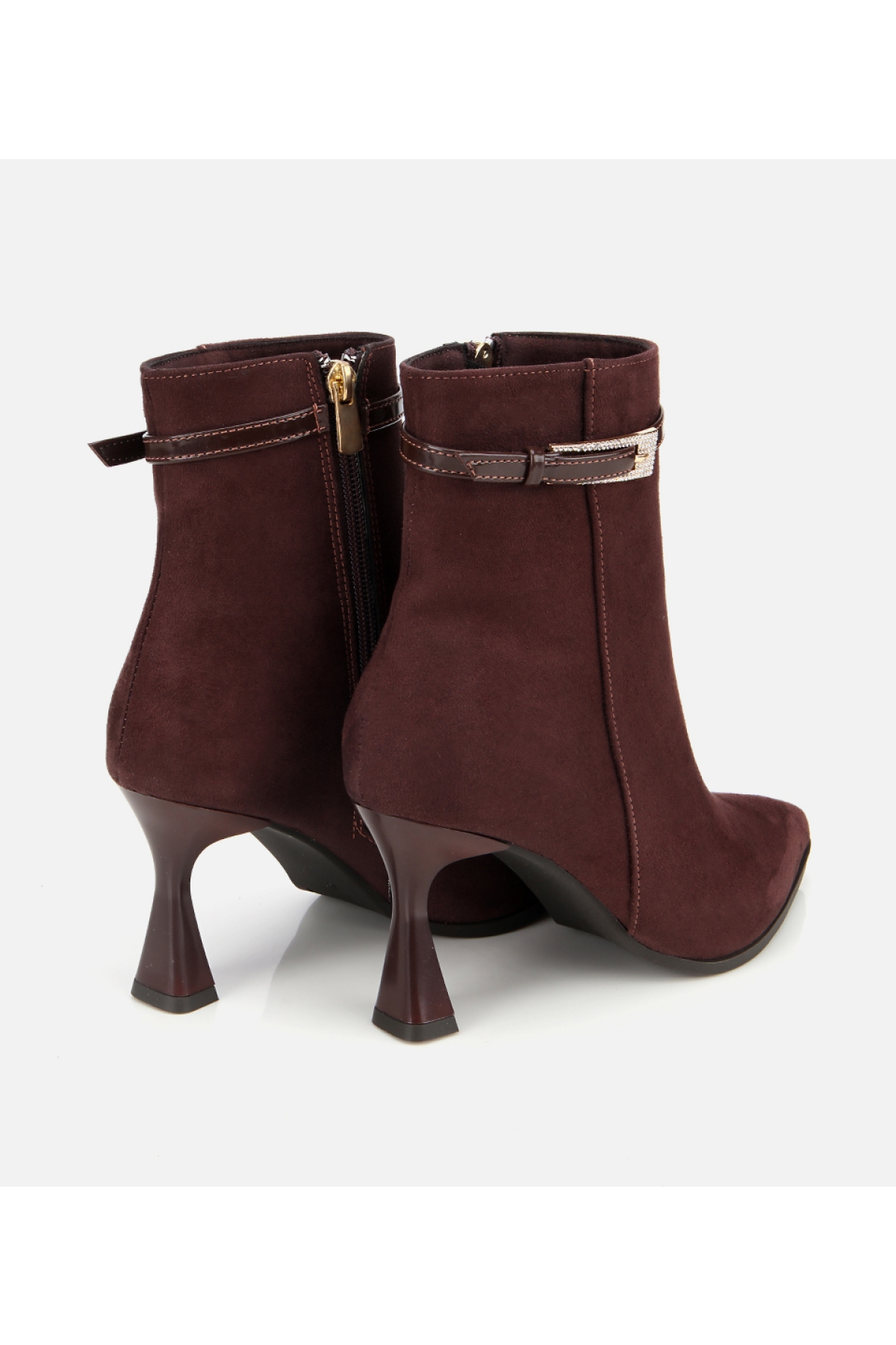 Kadın Süet Kahverengi Taşlı Tokalı Bilekte Topuklu Bot - Görsel 4