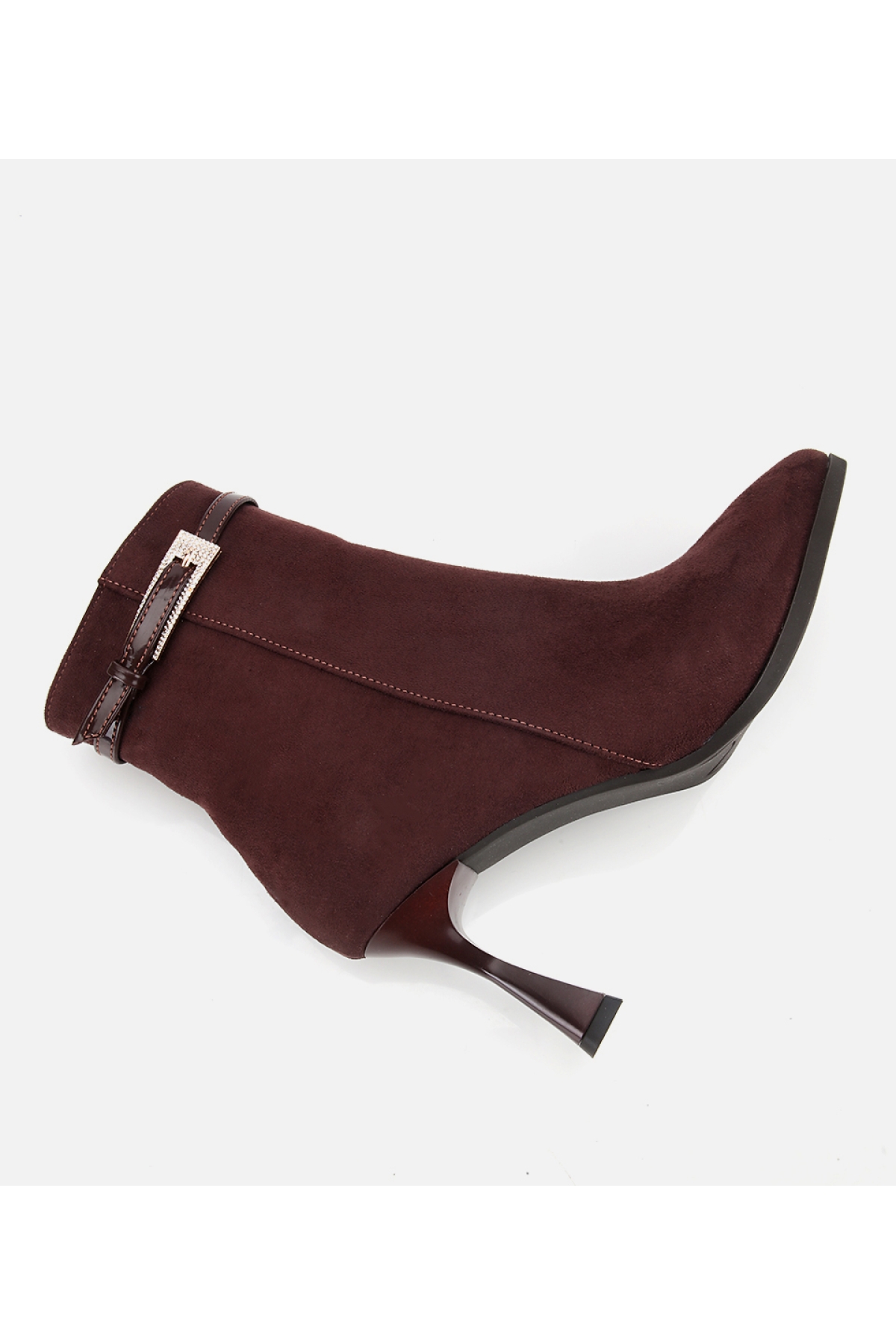 Kadın Süet Kahverengi Taşlı Tokalı Bilekte Topuklu Bot - Görsel 6