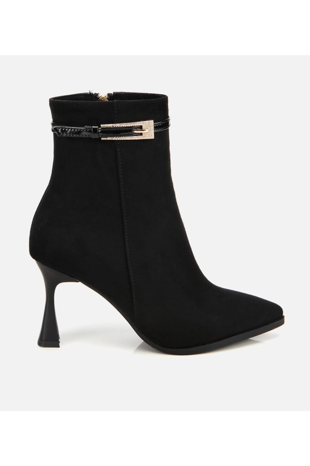 Kadın Süet Siyah Taşlı Tokalı Bilekte Topuklu Bot