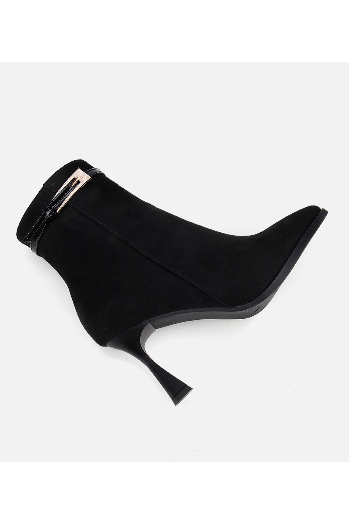 Kadın Süet Siyah Taşlı Tokalı Bilekte Topuklu Bot - Görsel 6